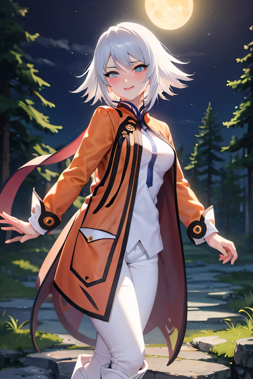 masterpiece, best quality, raine sage, orange coat, blush, medium breasts, eyelashes, 1girl, happy, white shirt, white hair, black pants, standing, white boots, wide shot, looking at viewer, forest, night, sultry look, sultry smile