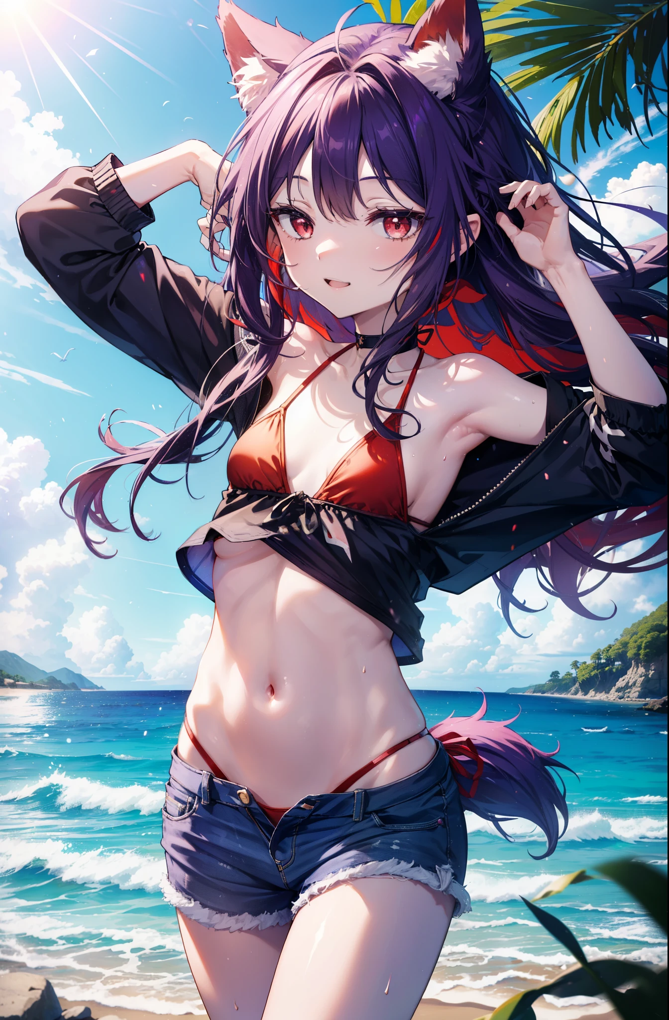 yuukikonno, Yuki Konno, hair band, long hair, pointed ears, purple hair, (red eyes:1.5),happy smile, smile, open your mouth, Are standing,
From above, (small breasts:1.2), ,dog ears,animal ears　dog tail,Red Bikini Swimsuit,purple short sleeve hoodie　front open,,short denim pants,barefoot,barefoot,beach, sandy beach,Palm tree,Midsummer,Light of the sun,noon,
break looking at viewer, Upper body, whole body, (cowboy shot:1. 5
break outdoors, beach,
break (masterpiece:1.2), highest quality, High resolution, unity 8k wallpaper, (shape:0.8), (beautiful deしっぽed eyes:1.6), extremely deしっぽed face, perfect lighting, extremely deしっぽed CG, (perfect hands, perfect anatomy),