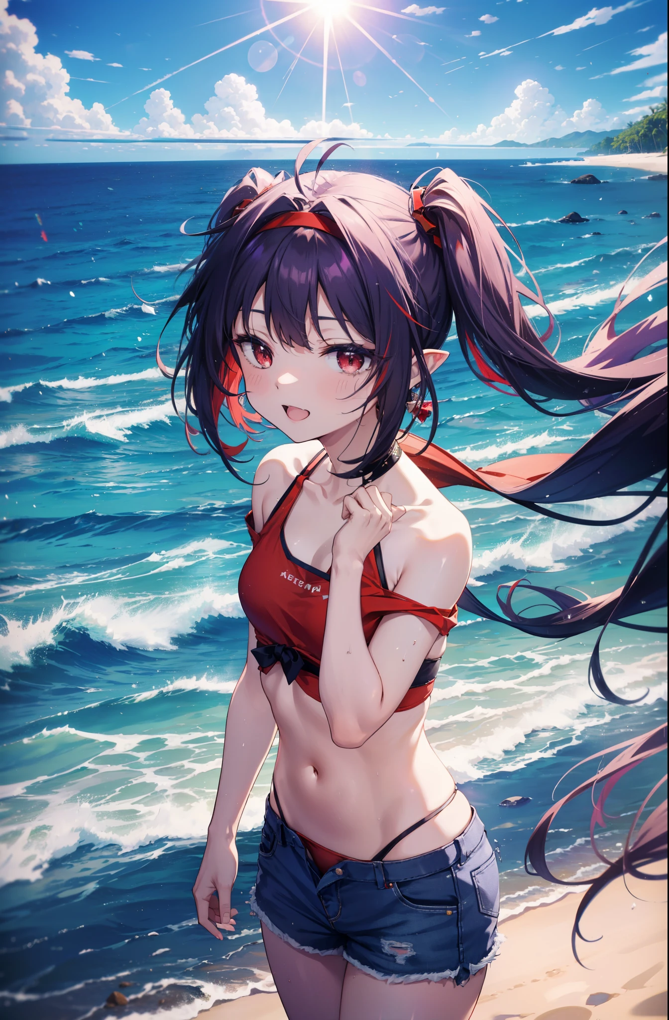 yuukikonno, Yuki Konno, hair band, long hair, pointed ears, purple hair, (red eyes:1.5),happy smile, smile, open your mouth, Are standing,
From above, (small breasts:1.2), ,dog ears,animal ears dog tail,Red Bikini Swimsuit,purple short sleeve hoodie front open,,short denim pants,barefoot,barefoot,beach, sandy beach,Palm tree,Midsummer,Light of the sun,noon,
break looking at viewer, Upper body, whole body, (cowboy shot:1. 5
break outdoors, beach,
break (masterpiece:1.2), highest quality, High resolution, unity 8k wallpaper, (shape:0.8), (beautiful deしっぽed eyes:1.6), extremely deしっぽed face, perfect lighting, extremely deしっぽed CG, (perfect hands, perfect anatomy),