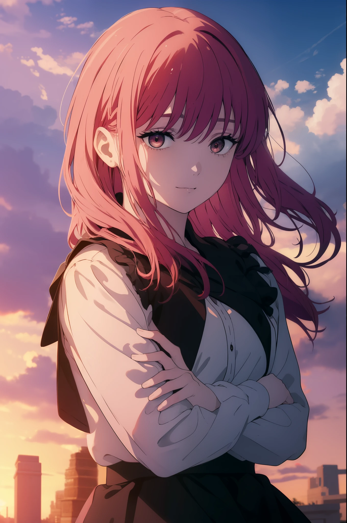 ((((Obra maestra, La mejor calidad, ultrahigh resolution)))), 1girl, looking at viewer, standing, upper body, red hair, beautiful face, outside, wind blowing, detailed face, eyeliner, detailed red gradient eyes, shiny red eyes, black pupils, , face focus, pretty smile, happy
