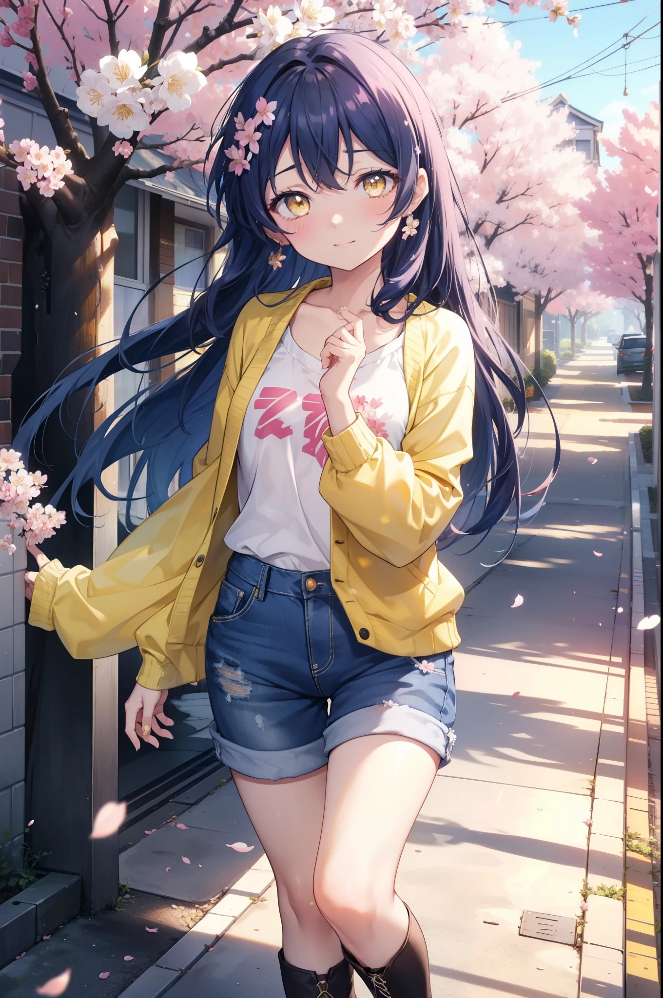 you are so kind, umi sonoda, long hair, blue hair, (yellow eyes:1.5) (flat chest:1.2),
smile,blush, Blue oversized sweater,short denim pants,black pantyhose,Mini Boots,walk,Cherry blossom tree-lined path,The cherry blossoms have bloomed,Cherry blossoms are scattered,morning,morning日,the sun is rising, 　　　　　　　　　　break looking at viewer,　　　　　　　　　　　 break outdoors, residential street, 
break (masterpiece:1.2), highest quality, High resolution, unity 8k wallpaper, (figure:0.8), (detailed and beautiful eyes:1.6), highly detailed face, perfect lighting, Very detailed CG, (perfect hands, perfect anatomy),