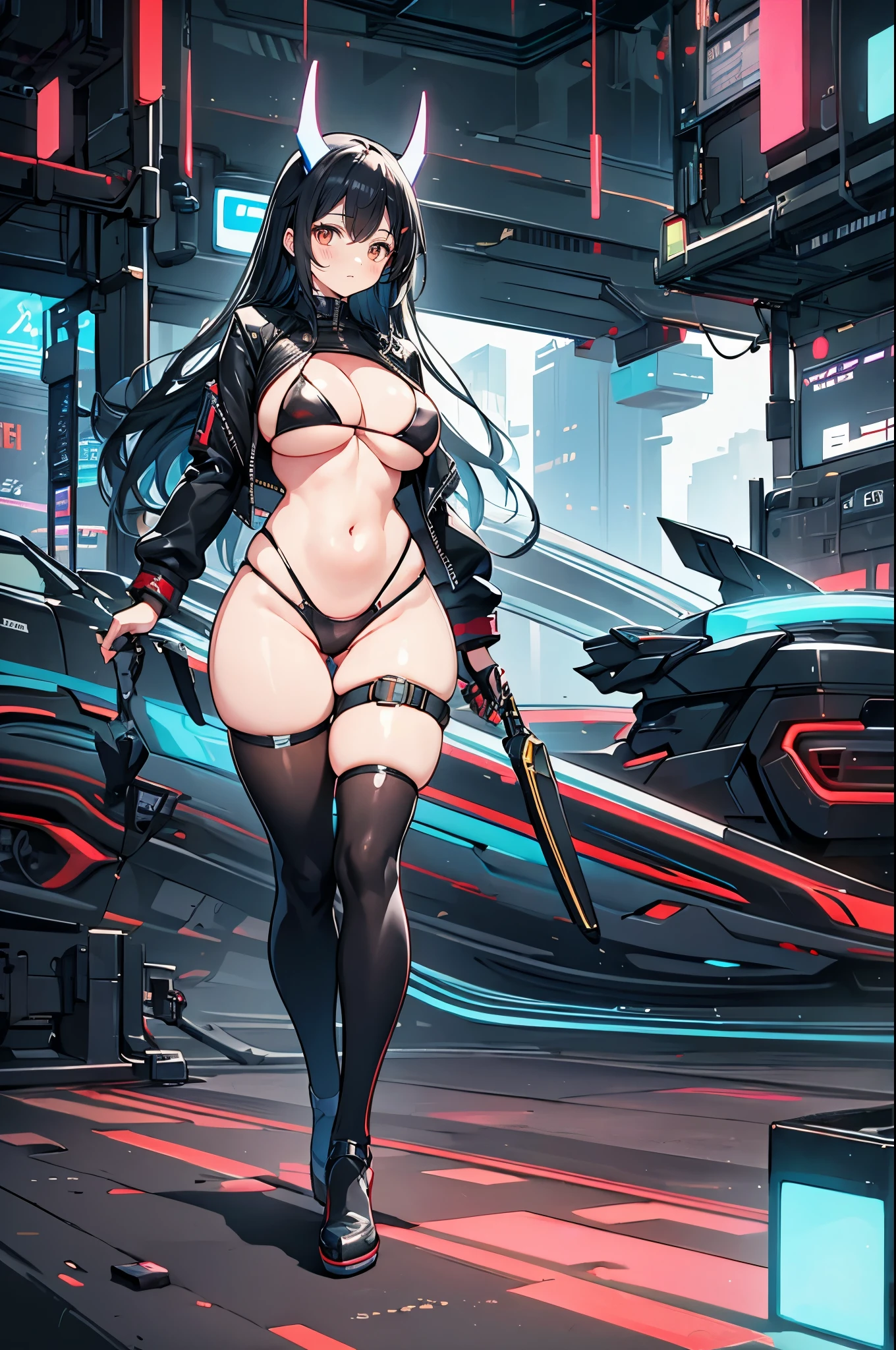 best quality, superbly attractive demon girl, slim thick build waifu, leather jacket, leather bikini, almost naked, less clothing, huge breasts, slim waist, wide hips, thick thighs, futuristic ornaments, hyperdetailed future cityscape, in style of digital vector art, eye-catching composition, masterful art execution, vibrant, spellbinding, realism, uhd, sharp focus, perfect illustration, neon city, cyberpunk
