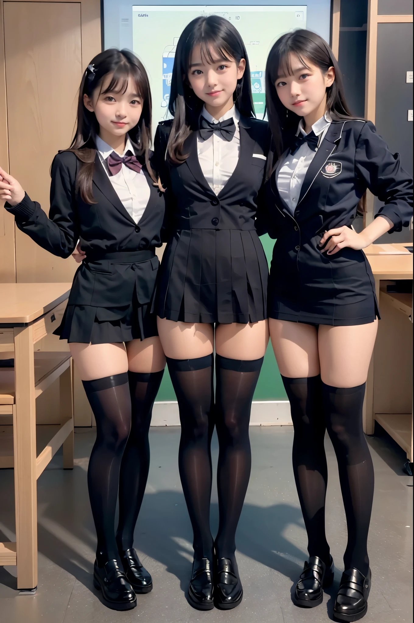 high-angle shot、classroom snap、 in a schoool, A tall, -face woman wearing a short skirt and bow tie. ２There are people、(2 girls)、young girls, Phenomenally cute 、Japanese girl&#39;s green uniform、Wearing Japan 、Japanese school black uniform、Wearing a surreal high 、Girl in Uniform、Wearing a dark blue uniform、 Pose、full body Esbian、Nice skin、glistning skin、lovely thighs、long legged、wide thighhighicro Mini Skirt)、glowing thigh、(opaque black knee high socks)、(I always wear knee socks that go above the knee.)、I'm wearing leather shoes、High School in Japan 、Nogizaka Idol、korean idol、Invite you inside、Inviting eyes, cleavage, 