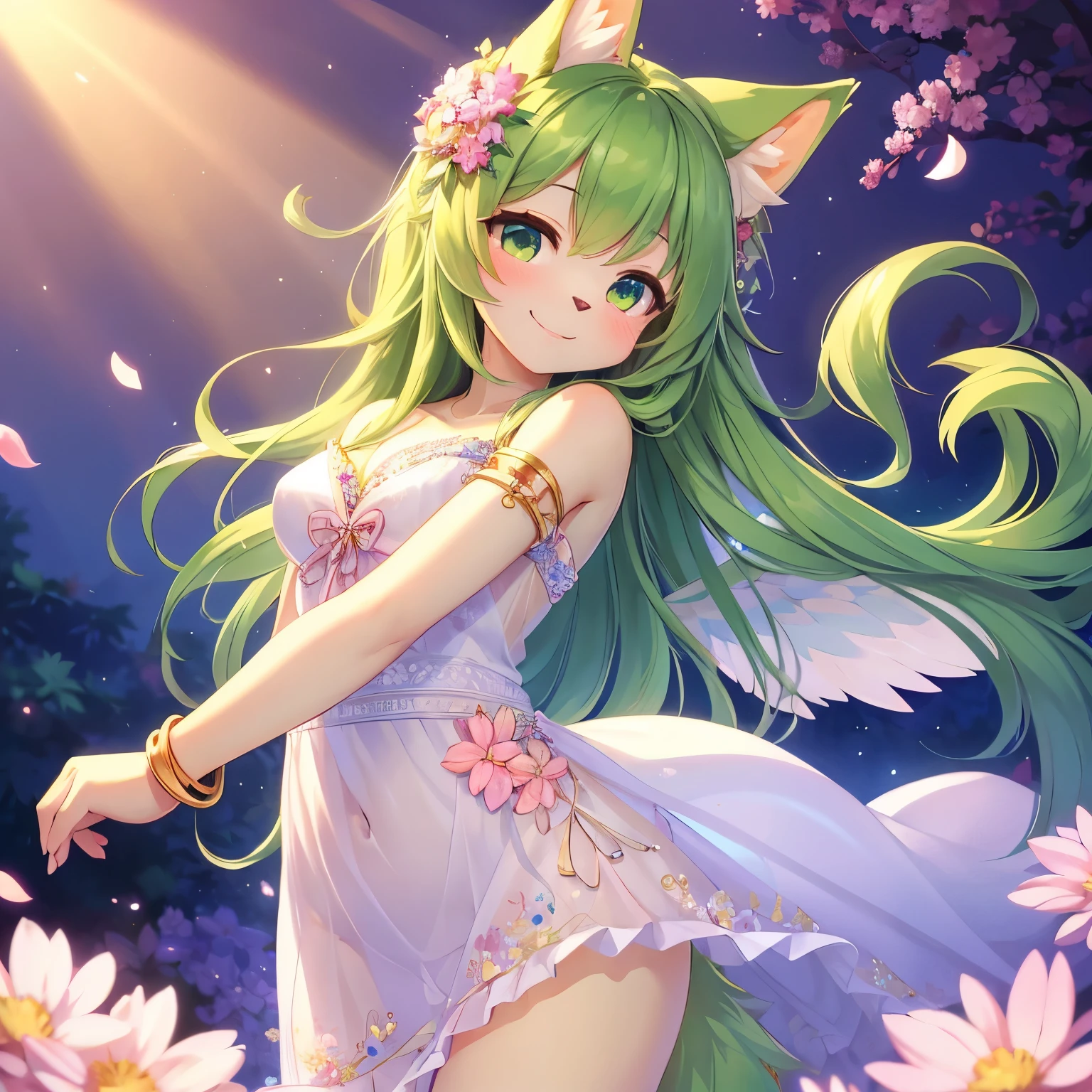 beat quality,best resolution,(fluffy anthro furry :1.3),solo,cat girl,green long hair,wavy hair,curvy hair,green cat ears,green cat tail,shiny skin,floral hair ornament,floral body ornaments,floral bracelet,floral legs bracelet,white dress with floral embroidered,see through,white angle wings,magical floral forest,flower petals in the air,sparkling crystal flower floating around girl,neautiful light,light and shadow,panoramic view,looking at viewer,full face blush,smile,sexy pose,stand