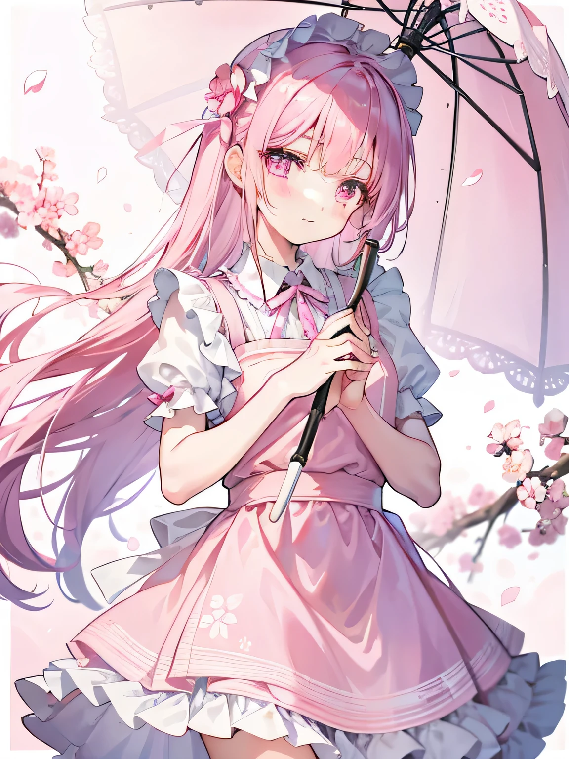 Dreamy and cute maid in a pink anime-style illustration, (close-up: 1.1), pink apron adorned with intricate floral patterns, (head tilted: 1.2), expressive eyes filled with warmth and gentleness, long flowy pink skirt swaying gently, (blurred background: 1.3), cherry blossoms in full bloom, faintly visible in the background, (motion blur effect: 1.1), longest eyelashes casting soft shadows, (translucent umbrella: 1.1), holding it gently against the breeze, (playful expression: 1.2), pink ribbons tied neat