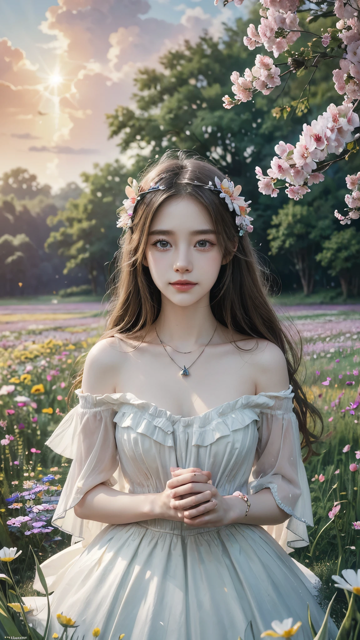 masterpiece, best quality, official art, extremely detailed CG unity 8k wallpaper, highly detailed, absurdres, Panorama, Depth of field, telephoto lens, angel, looking afar, looking away, skirt lift, in spring, sunset, rainbow, (((flower field))), (((flower sea))), Tyndall effect, (illustration),(paper figure),(lococo),((impasto)),(shiny skin), Magic Vortex, ((ink)),(water color),bloom effect,detailed beautiful grassland with petal,flower,butterfly,necklace,smile,petal,(((surrounded by heavy floating petal flow)))