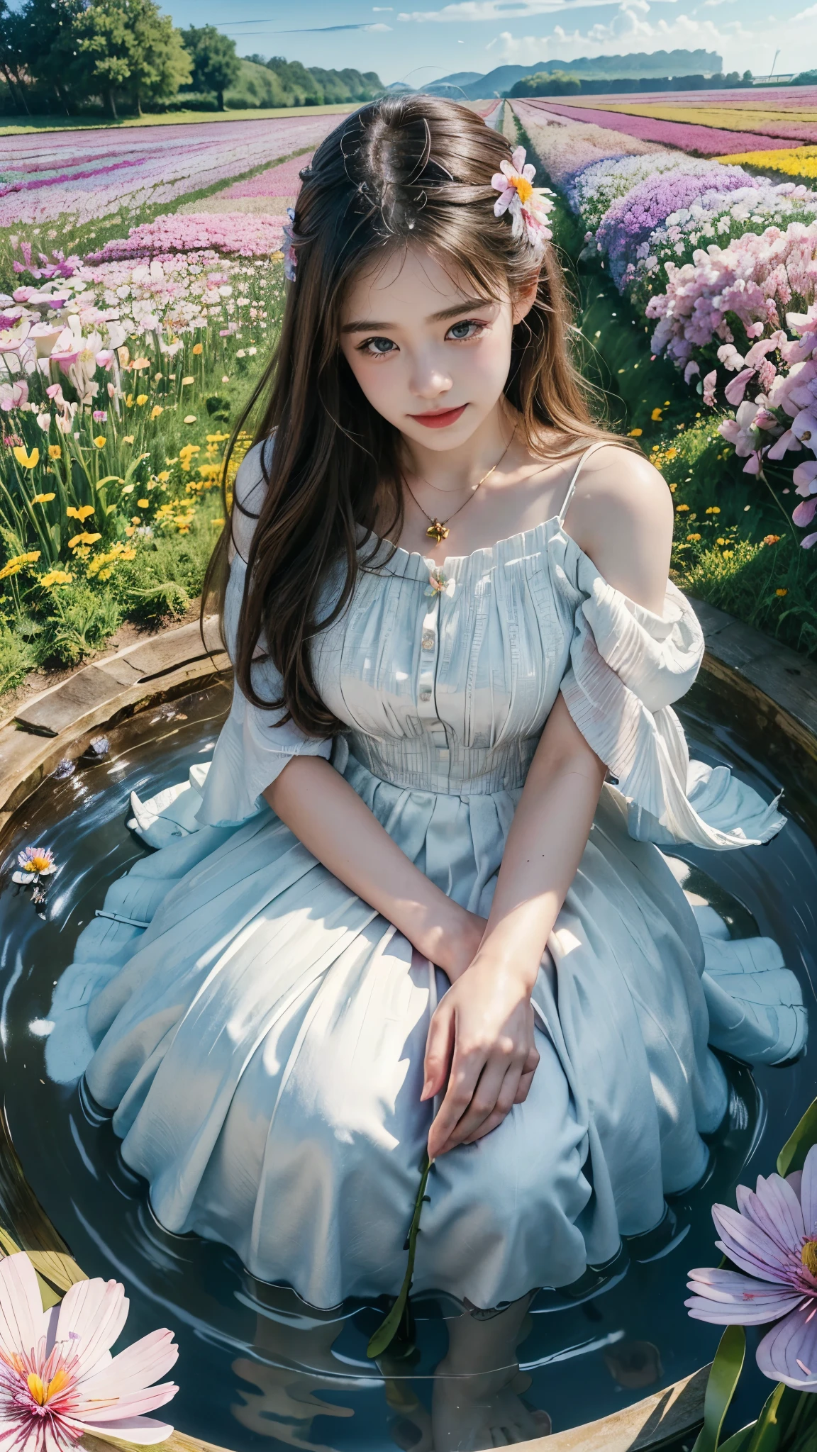 masterpiece, best quality, official art, extremely detailed CG unity 8k wallpaper, highly detailed, absurdres, Panorama, Depth of field, telephoto lens, angel, looking afar, looking away, skirt lift, in spring, sunset, rainbow, (((flower field))), (((flower sea))), Tyndall effect, (illustration),(paper figure),(lococo),((impasto)),(shiny skin), Magic Vortex, ((ink)),(water color),bloom effect,detailed beautiful grassland with petal,flower,butterfly,necklace,smile,petal,(((surrounded by heavy floating petal flow)))