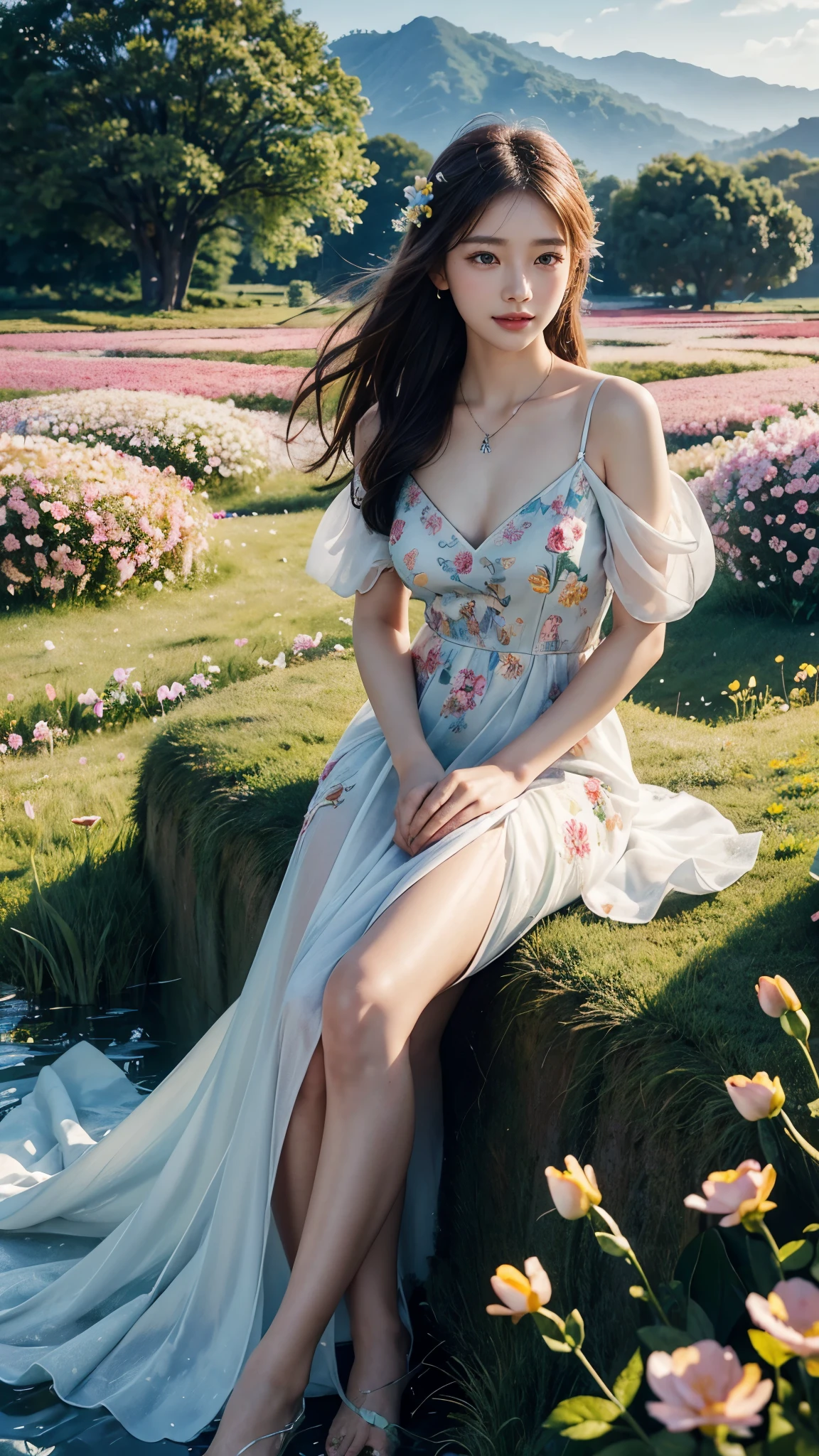 22 years Beautiful korean Girl, masterpiece, best quality, official art, extremely detailed CG unity 8k wallpaper, Ray Tracing, highly detailed, absurdres, Panorama, Depth of field, telephoto lens, angel, looking afar, looking to camera man, in spring, sunset, rainbow, (((flower field))), (((flower sea))), Tyndall effect, 100% Realistic, ((Realistic)), (paper figure),((impasto)),(shiny skin), (water color),bloom effect,detailed beautiful grassland with petal,flower,butterfly,necklace,smile,petal, Evening Party Embroidered Rose Bud Silk Gauze Dress, Perfect body figure, Beautiful Smile, Cinematic photography, Sexy angles, Stylish poses, 
