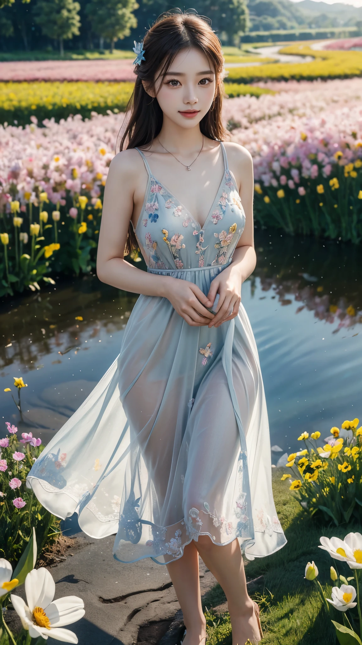 22 years Beautiful korean Girl, masterpiece, best quality, official art, extremely detailed CG unity 8k wallpaper, Ray Tracing, highly detailed, absurdres, Panorama, Depth of field, telephoto lens, angel, looking afar, looking to camera man, in spring, sunset, rainbow, (((flower field))), (((flower sea))), Tyndall effect, 100% Realistic, ((Realistic)), (paper figure),((impasto)),(shiny skin), (water color),bloom effect,detailed beautiful grassland with petal,flower,butterfly,necklace,smile,petal, Evening Party Embroidered Rose Bud Silk Gauze Dress, Perfect body figure, Beautiful Smile, Cinematic photography, Sexy angles, Stylish poses,