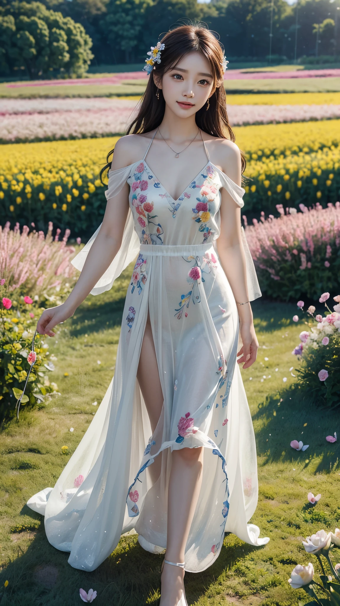 22 years Beautiful korean Girl, masterpiece, best quality, official art, extremely detailed CG unity 8k wallpaper, Ray Tracing, highly detailed, absurdres, Panorama, Depth of field, telephoto lens, angel, looking afar, looking to camera man, in spring, sunset, rainbow, (((flower field))), (((flower sea))), Tyndall effect, 100% Realistic, ((Realistic)), (paper figure),((impasto)),(shiny skin), (water color),bloom effect,detailed beautiful grassland with petal,flower,butterfly,necklace,smile,petal, Evening Party Embroidered Rose Bud Silk Gauze Dress, Perfect body figure, Beautiful Smile, Cinematic photography, Sexy angles, Stylish poses,