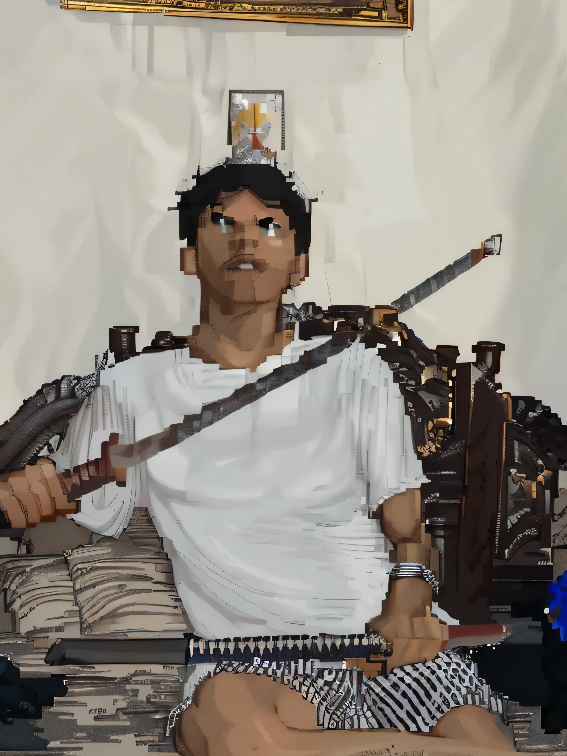 there is a man sitting on the bed holding a sword, wielding a keris sword, with a big sword, posing with a sword, holding a long sword, armed with a sharp weapon, holding a big sword, holding a sword made of iron, 20s game style