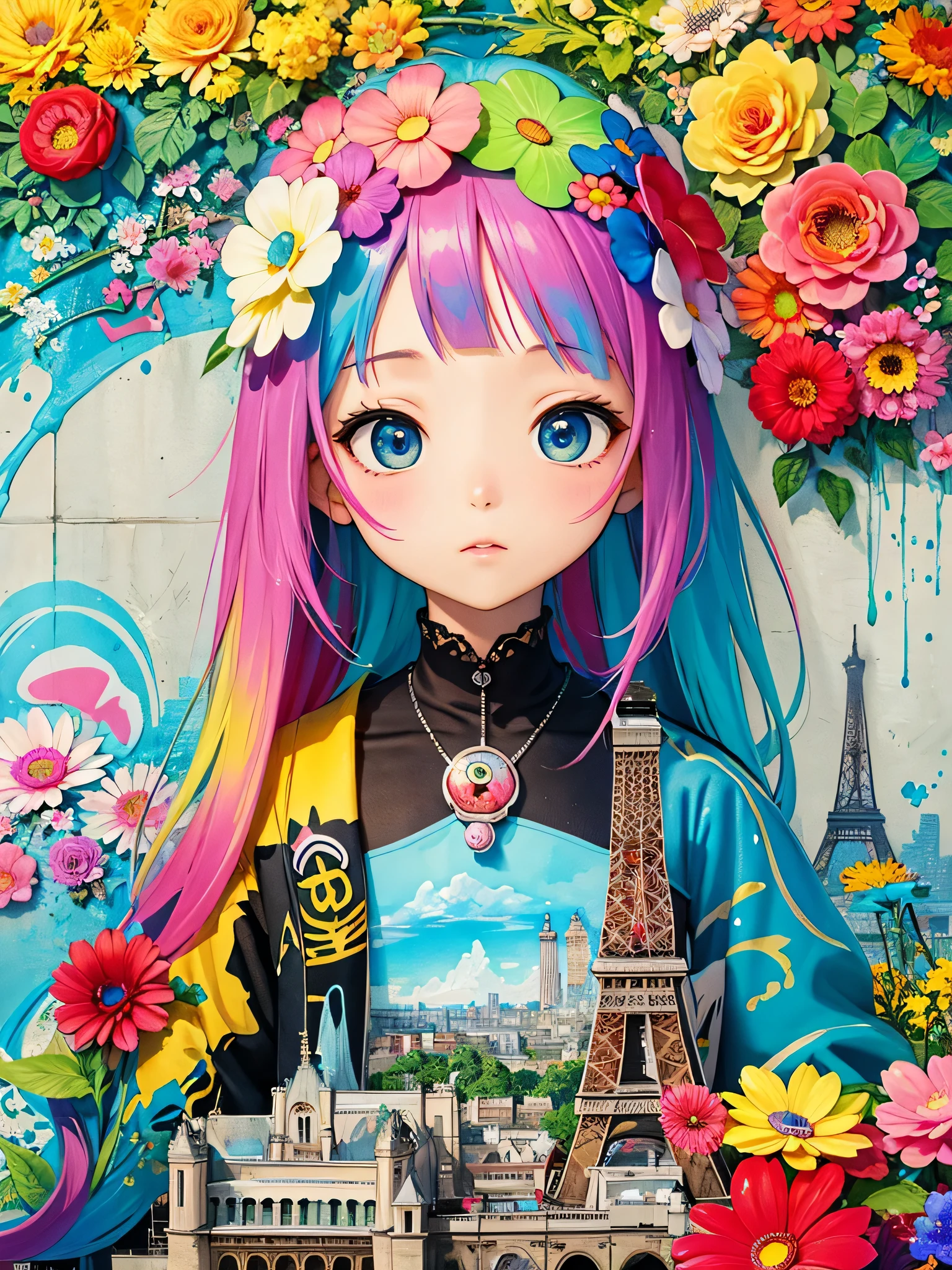 8K quality, Takashi murakami'illustration of, intense watercolor, watercolor detailed art, watercolor splash, surreal, avant-garde pop art, Beautiful and expressive paintings, beautiful artwork illustration of, very colorful tones, wonderful, cool beauty, highest quality,official art, vector art,stylish design, (((highest quality))), HDR, ((Detailed details)), (((graffiti art))), ((masterpiece))、((Super detailed))、(((colorful flowers)))、(((Paris cityscape)))
