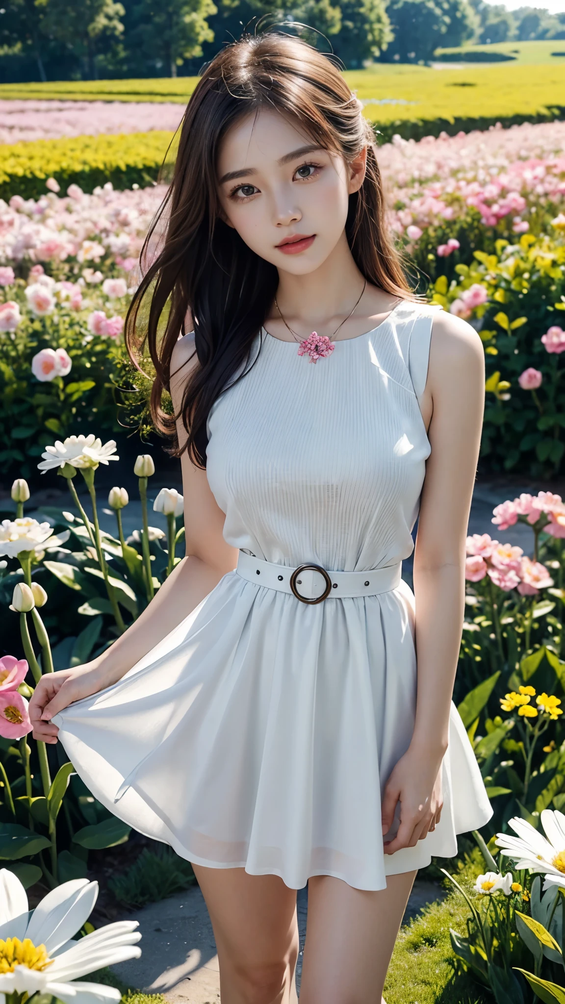 22 years Beautiful korean Girl, masterpiece, best quality, official art, extremely detailed CG unity 8k wallpaper, Ray Tracing, highly detailed, absurdres, Panorama, Depth of field, telephoto lens, angel, looking afar, looking to camera man, in spring, sunset, rainbow, (((flower field))), (((flower sea))), Tyndall effect, 100% Realistic, ((Realistic)), (paper figure),((impasto)),(shiny skin), (water color),bloom effect,detailed beautiful grassland with petal,flower,butterfly,necklace,smile,petal, ((GRACE KARIN Boatneck Sleeveless Vintage Tea Dress with Belt)), Perfect body figure, Beautiful Smile, Cinematic photography, Sexy angles, Stylish poses, 4 Different poses, 64k , high resolution picture quality, very clear body figure,