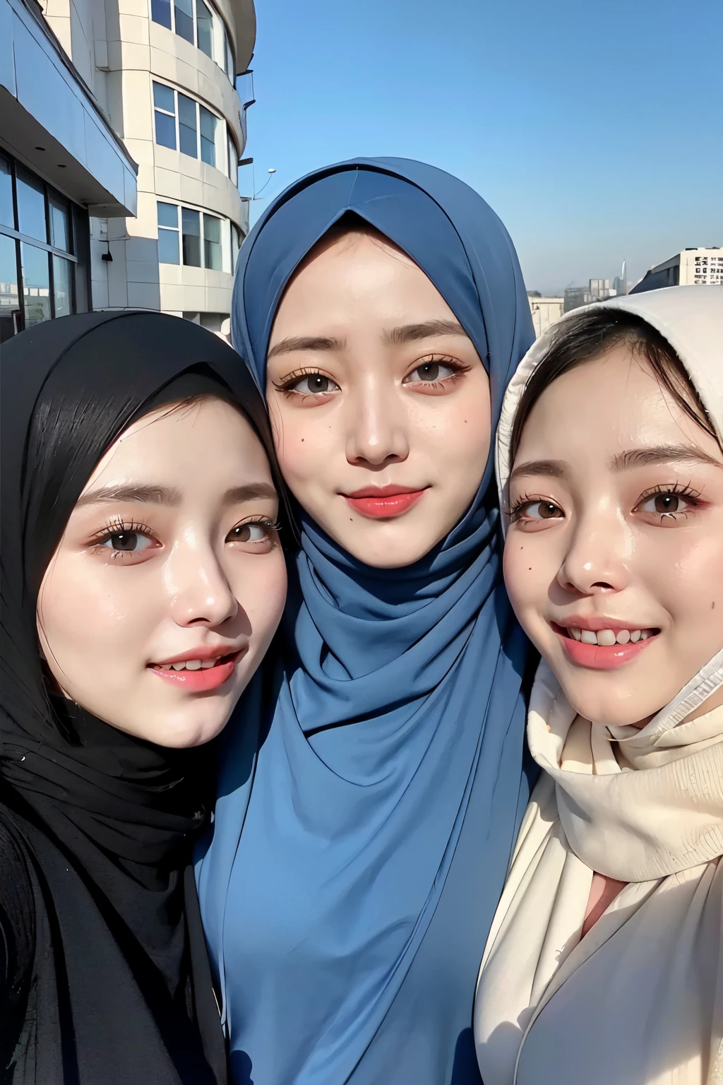 Threesome girls, wear hijabs, ((Best quality, 8k, Masterpiece :1.37), multiple people wear hijab, Big breasts:1.5, (three girl hijabs moslem), Beautiful face, Ultra-HD Face, Face Lighting, Lips laughed lightly, position:Standing, close-up photo, (three girls wear hijab muslim), wear hijab muslim, small pussy, hairy pussy:0.4, (small pussy), small pussy, Realistic Vagina:1:6, tall building background, (Blue sky view, :1.1), face very detailed, detailed red lips, detailed eyes, (korean eyes), double eyelids, detailed nose, detailed legs, (threesome girls wear hijab moslem)