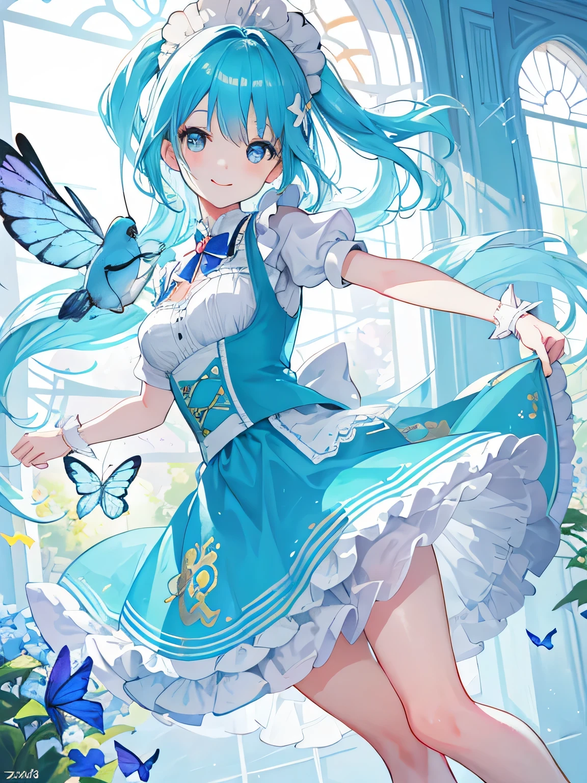 A cute anime illustration showcasing a light blue maid, (zoomed in: 1.1), wearing a delightful smile, (sparkling eyes: 1.2), detailed maid outfit, vibrant colors, intricate background, best quality, masterpiece, professional artwork, high-resolution, ultra-detailed features, enchanting atmosphere, playful and joyful mood, soft sunlight filtering through the window, dancing butterflies, friendly birds chirping, magical aura, bright and colorful surroundings, realistic details, top-notch shading, impeccable linework, impeccable attention to anime style, exquisite rendering, adorable expression, an absolute delight to behold.