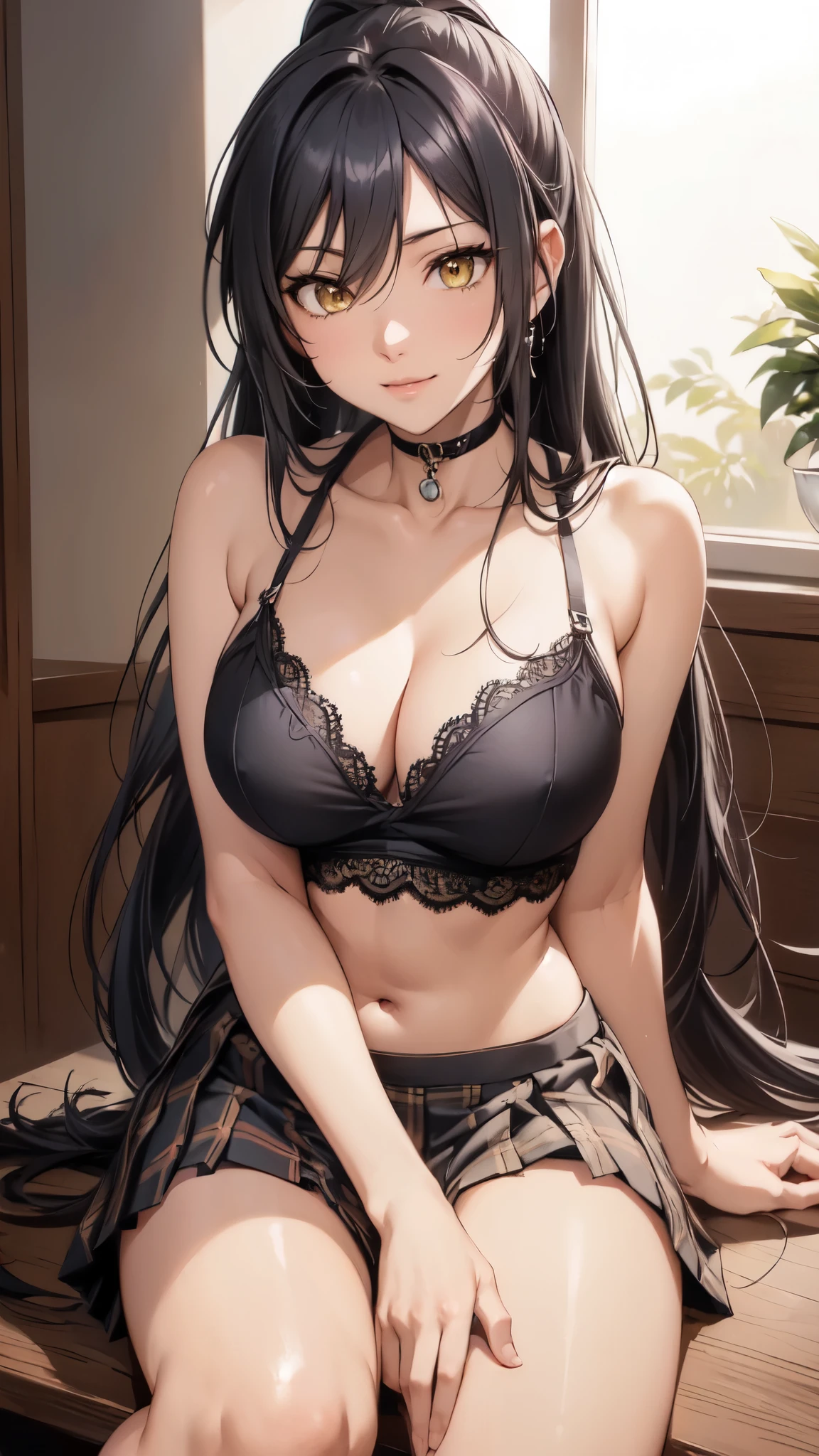 sakuyashirase, sakuya shirase, black hair, hair between eyes, long hair, (ponytail:1.4), (yellow eyes:1.5),NSFW,(large breasts:1.4),(cleavage between breasts),
break collarbone, green skirt, open collar, plaid, (plaid スカート, pleated skirt), long skirt,(black lace underwear:1.4),
break looking at viewer, full body,(smile:1.2),(hand between legs:1.4),(belly button,tight waist:1.2),(height 170cm),(sitting:1.3),18-year-old,(spread leg:1.4),
break indoors, classroom,bright room,
break (masterpiece:1.2), highest quality, High resolution, unity 8k wallpaper, (figure:0.8),vivid color, (detailed and beautiful eyes:1.4), highly detailed face, perfect lighting, Very detailed CG, (perfect hands, perfect anatomy),(Aesthetic Anime Eyes:1.3)