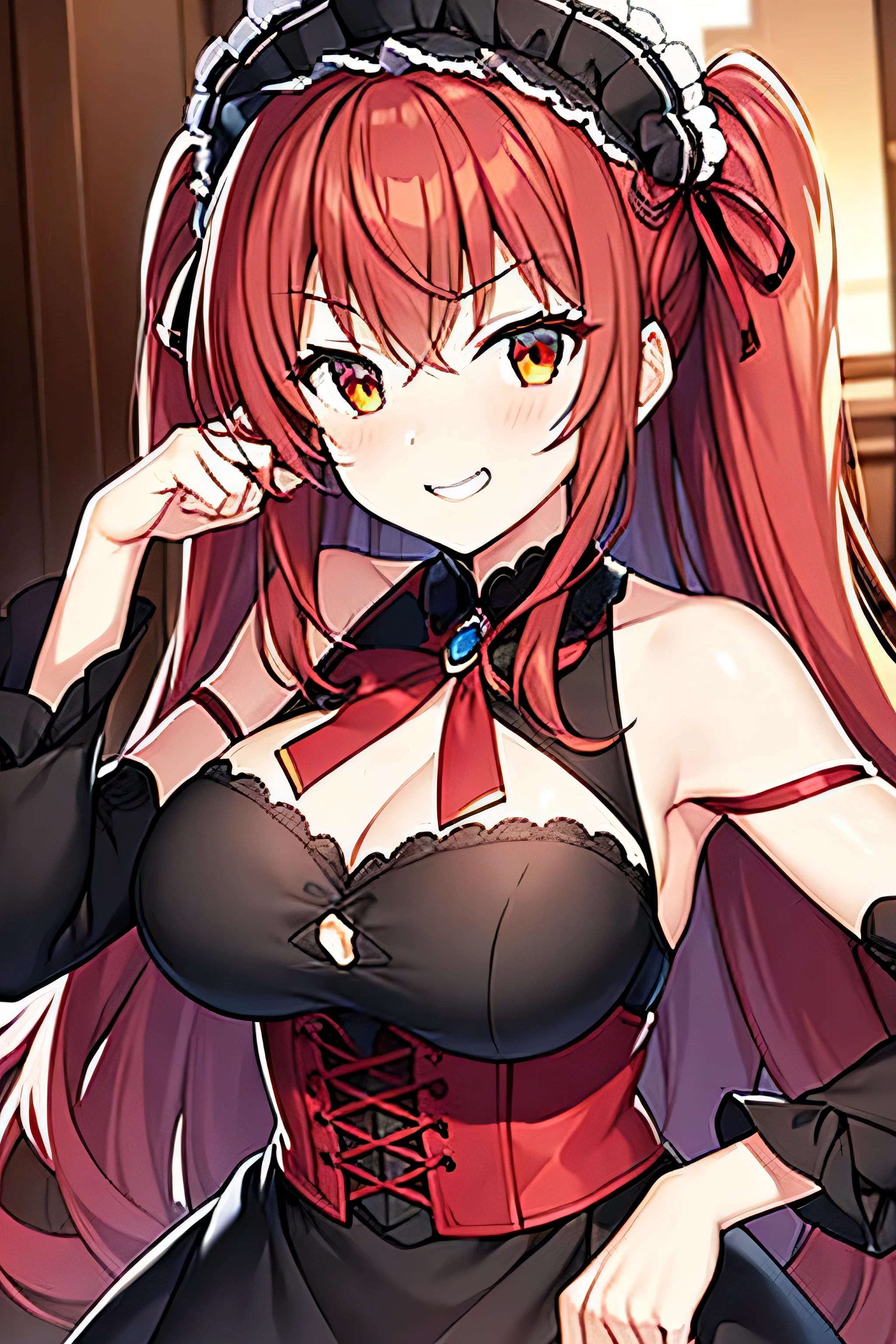 Red hair,smug face,first round,High School DxD style,big breasts,ruffle dress,black clothes,provocative smile,Gothic ta,parted bangs, twin drills,