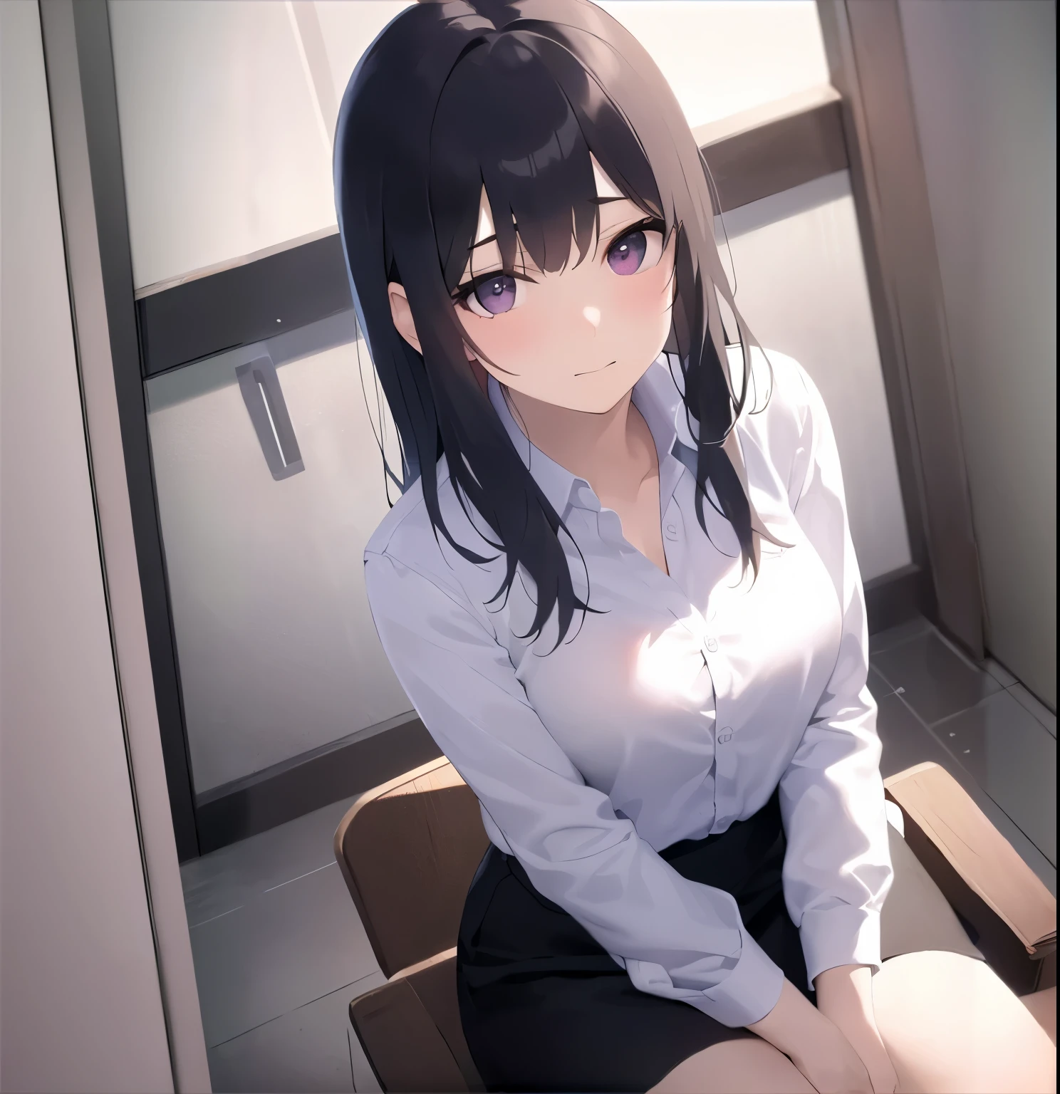 (pov:1.1), front view of front Chair, sitting on Chair, hand between legs、looking up, Upper Body, Realistic, real person, (pale skin: 1.2), RAW photo, photorealistic, portrait photography, shiny skin, japanese idol、shiny hair、(25 year old woman with straight medium hair with bangs) and (black hair) and (purple eyes) , (white collared shirt) and (long sleeve) 、Tight Skirt、(embarrassed:1.5), The background is an office room at night.、Alone、Are standing
