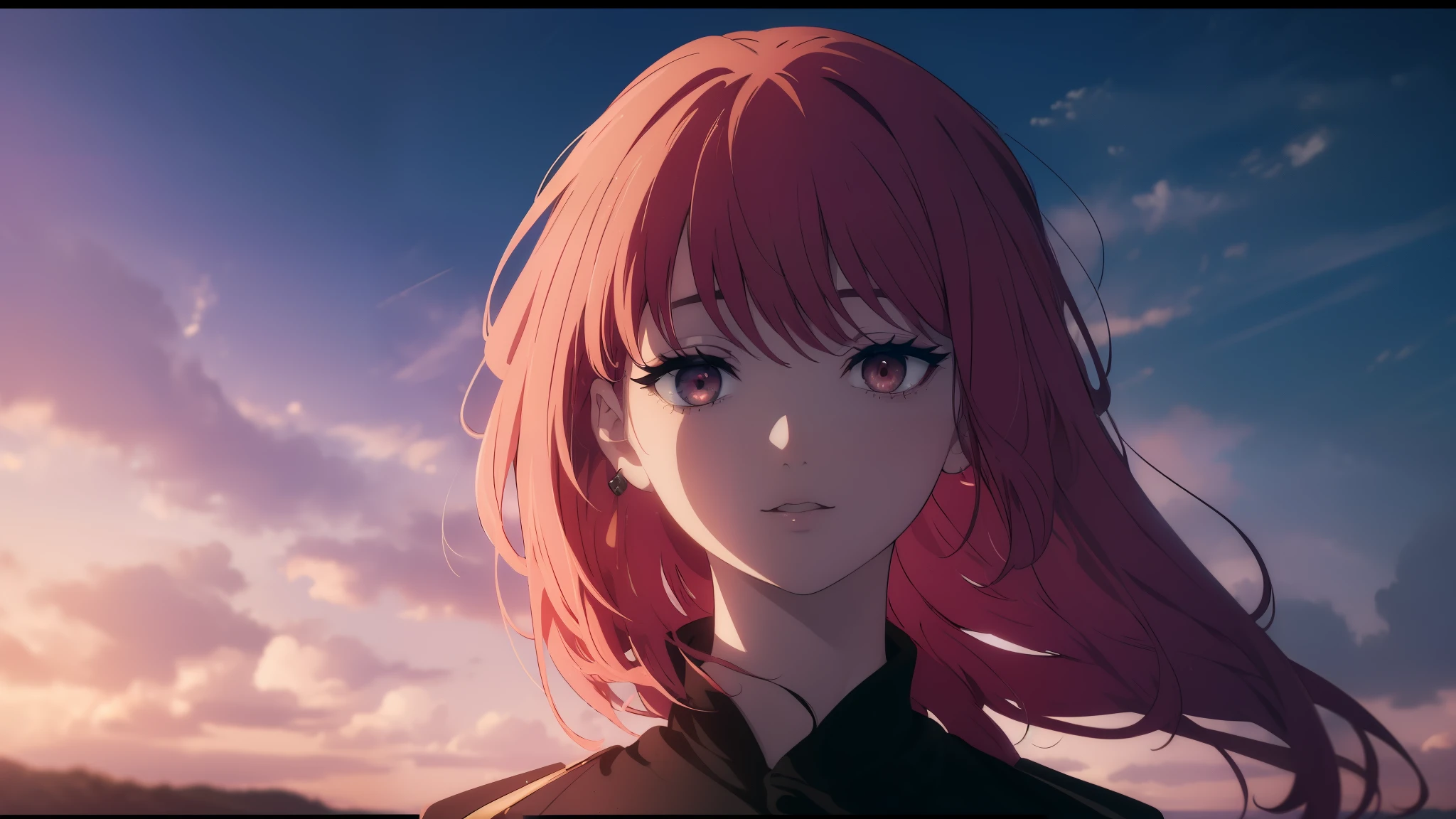 ((((Obra maestra, La mejor calidad, ultrahigh resolution)))), 1girl, looking at viewer, standing, upper body, red hair, beautiful face, outside, wind blowing, detailed face, eyeliner, detailed red gradient eyes, shiny red eyes, black pupils, , face focus, pretty smile, happy