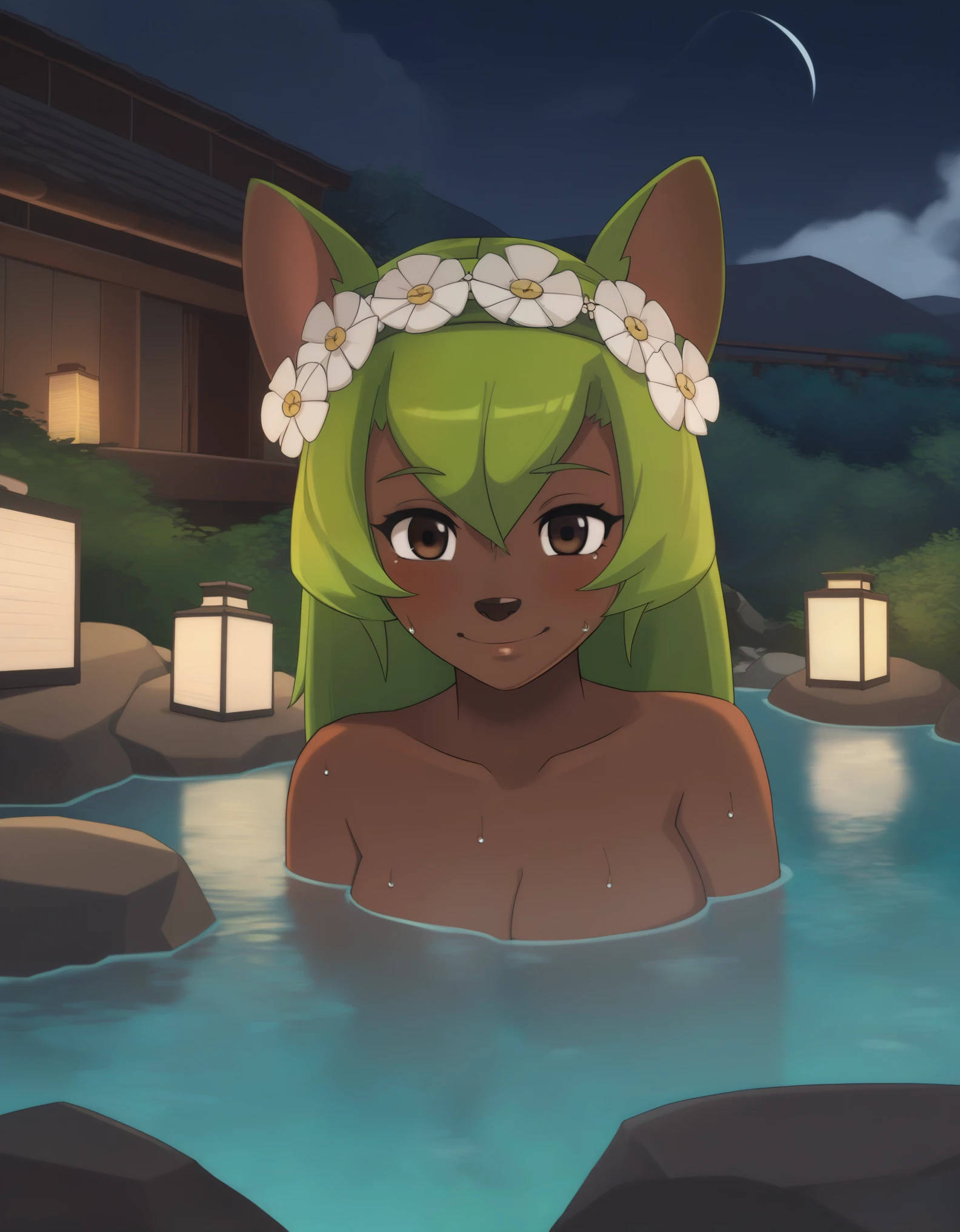 score_9, score_8_up, score_7_up, anime screenshot, looking at viewer, clouds 1girl, amalia sheran sharm, green hair, green hairband, hair ornament, hair flower, dark skin, brown eyes,, onsen, water, thermal source, submerged, steam, outdoors, rocks, bushes, grass, night, lantern, looking at viewer, sweating
