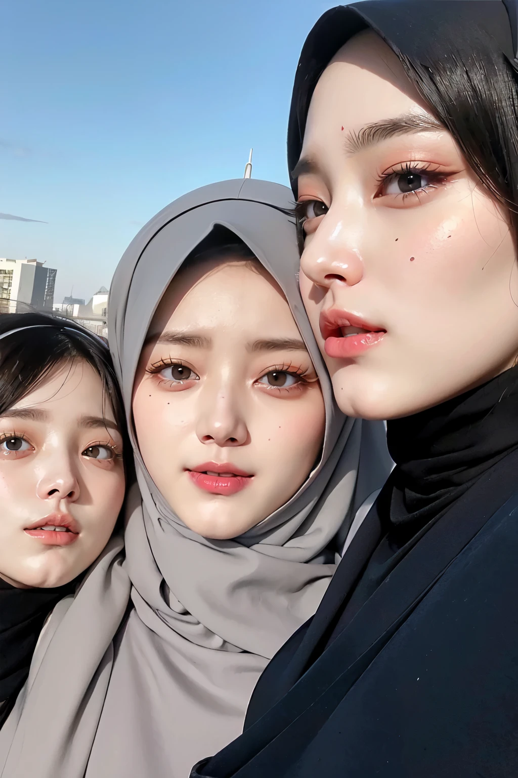 Threesome girls, wear hijabs, ((Best quality, 8k, Masterpiece :1.37), multiple people wear hijab, Big breasts:1.5, (three girl hijabs moslem), Beautiful face, Ultra-HD Face, Face Lighting, Lips laughed lightly, position:Standing, close-up photo, (three girls wear hijab muslim), wear hijab muslim, small pussy, hairy pussy:0.4, (small pussy), small pussy, Realistic Vagina:1:6, tall building background, (Blue sky view, :1.1), face very detailed, detailed red lips, detailed eyes, (korean eyes), double eyelids, detailed nose, detailed legs, (threesome girls wear hijab moslem)
