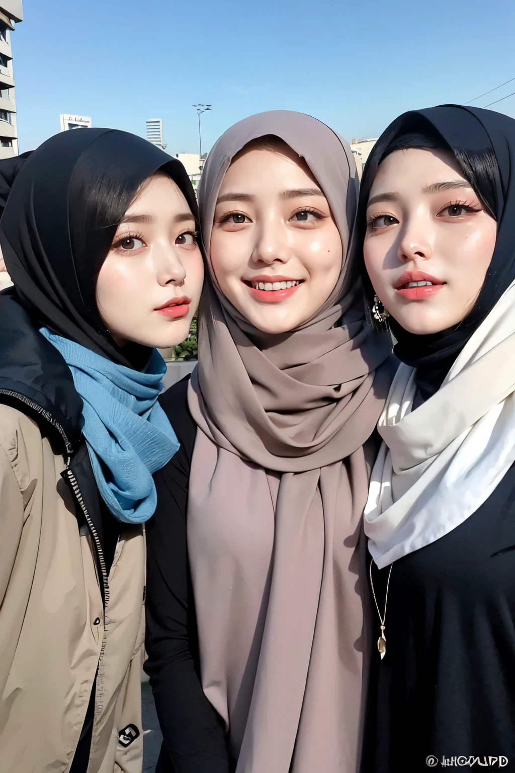 Threesome girls, wear hijabs, ((Best quality, 8k, Masterpiece :1.37), multiple people wear hijab, Big breasts:1.5, (three girl hijabs moslem), Beautiful face, Ultra-HD Face, Face Lighting, Lips laughed lightly, position:Standing, close-up photo, (three girls wear hijab muslim), wear hijab muslim, small pussy, hairy pussy:0.4, (small pussy), small pussy, Realistic Vagina:1:6, tall building background, (Blue sky view, :1.1), face very detailed, detailed red lips, detailed eyes, (korean eyes), double eyelids, detailed nose, detailed legs, (threesome girls wear hijab moslem)