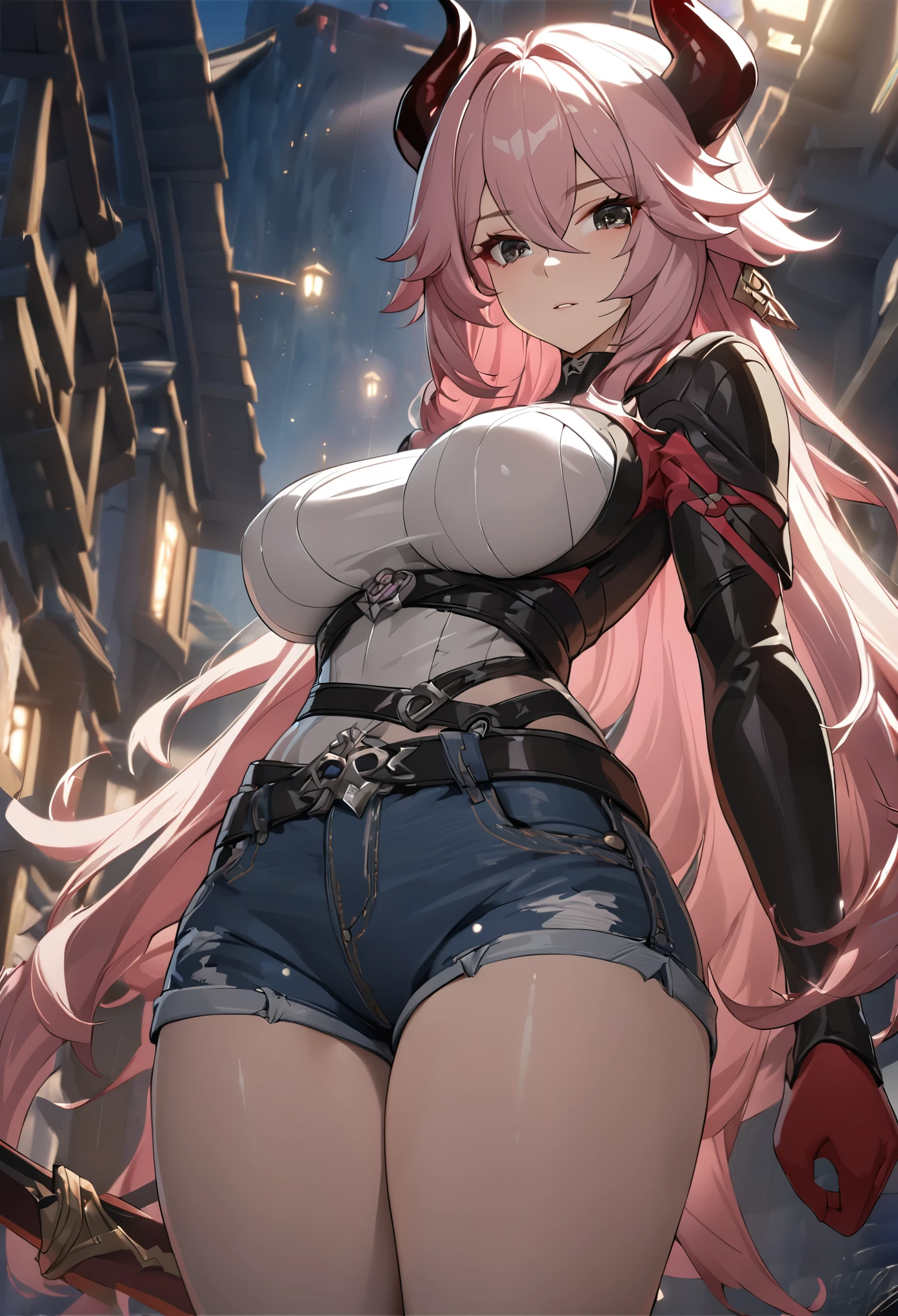 ((solo)), (woman), black eyes, cherry pink hair, very long hair, messy hair, black colored inner hair, (sculpted body), big breasts, thick, mature body, red and black horns, demon horns, a close up of a person with a great sword in a village, detailed key anime art, honkai star trail character, casimir art, masamune shiro, masamune, beautiful woman in demon slayer art, genshin, heise jinyao, shadowverse style, (no logos), white shirt, jacket, jeans shorts, eye reflection, depth of field, cinematic lighting, ray tracing, depth of field, cinematic lighting, ray tracing, UHD, high details, best quality, highres, high quality, award winning, super detail, masterpiece, 8k, UHD, high details, best quality, highres, high quality, award winning, super detail, masterpiece, 8k
