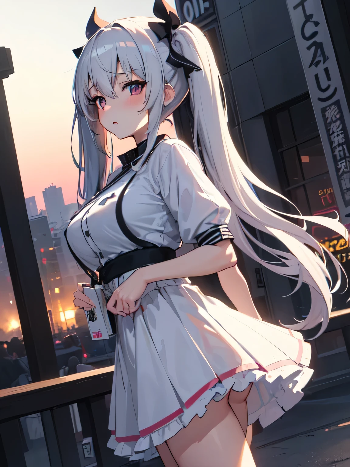 All intricate details: "(masterpiece, best quality, HuTaoV4, 1girl, solo, blush, twintails, long hair, hair between eyes, ((streetwear clothes)), city, outdoors, night, movie poster, extremely detailed 8K, fir breats, medium breasts, smooth, high resolution, ultra quality, extremely thin and light clothing transparent as air, cinematic lighting, ambient occlusion, hd, 2k, 4k, 8k, 16k, extremely detailed anime, detailed faces, perfect composition, wide shot, atmospheric lighting, very sexy, lift skirt, random low angle, uncensored, nsfw)"