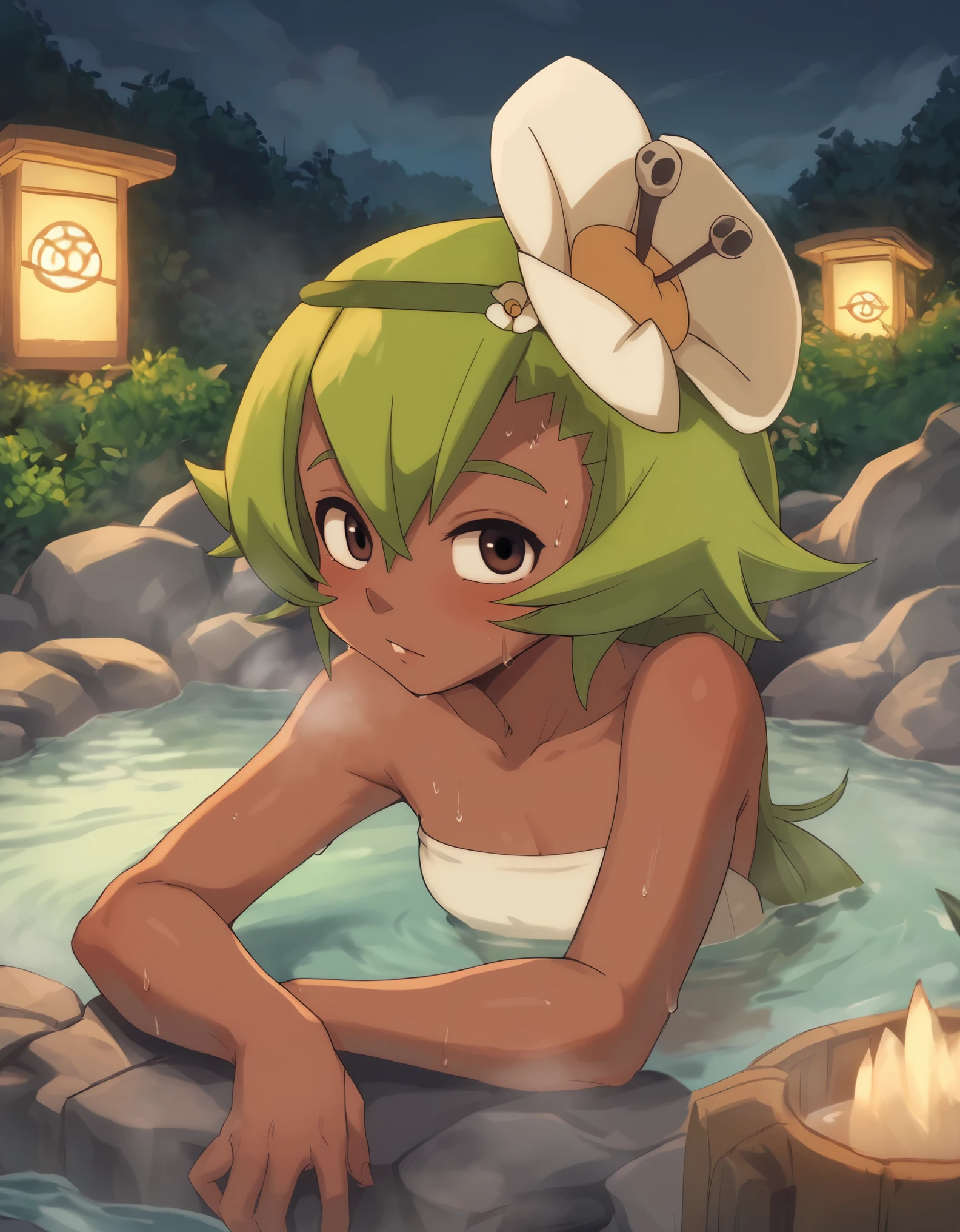 score_9, score_8_up, score_7_up, anime screenshot, looking at viewer, clouds 1girl, amalia sheran sharm, green hair, green hairband, hair ornament, hair flower, dark skin, brown eyes,, onsen, water, thermal source, submerged, steam, outdoors, rocks, bushes, grass, night, lantern, looking at viewer, sweating