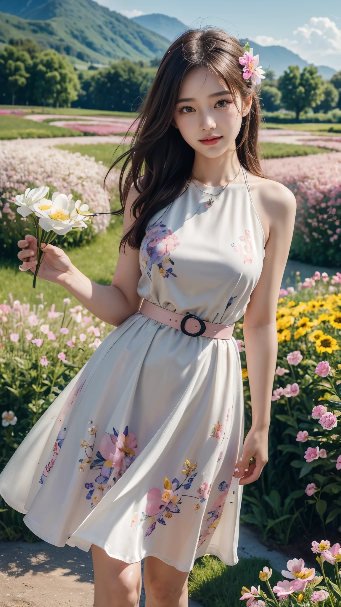 22 years Beautiful korean Girl, masterpiece, best quality, official art, extremely detailed CG unity 8k wallpaper, Ray Tracing, highly detailed, absurdres, Panorama, Depth of field, telephoto lens, angel, looking afar, looking to camera man, in spring, sunset, rainbow, (((flower field))), (((flower sea))), Tyndall effect, 100% Realistic, ((Realistic)), (paper figure),((impasto)),(shiny skin), (water color),bloom effect,detailed beautiful grassland with petal,flower,butterfly,necklace,smile,petal, ((Pink colour GRACE KARIN Boatneck Sleeveless Vintage Tea Dress with Belt)), Perfect body figure, Beautiful Smile, Cinematic photography, Sexy angles, Stylish poses, 4 Different poses, 64k , high resolution picture quality, very clear body figure, Flowers in hand, Butter fly flying on hand,