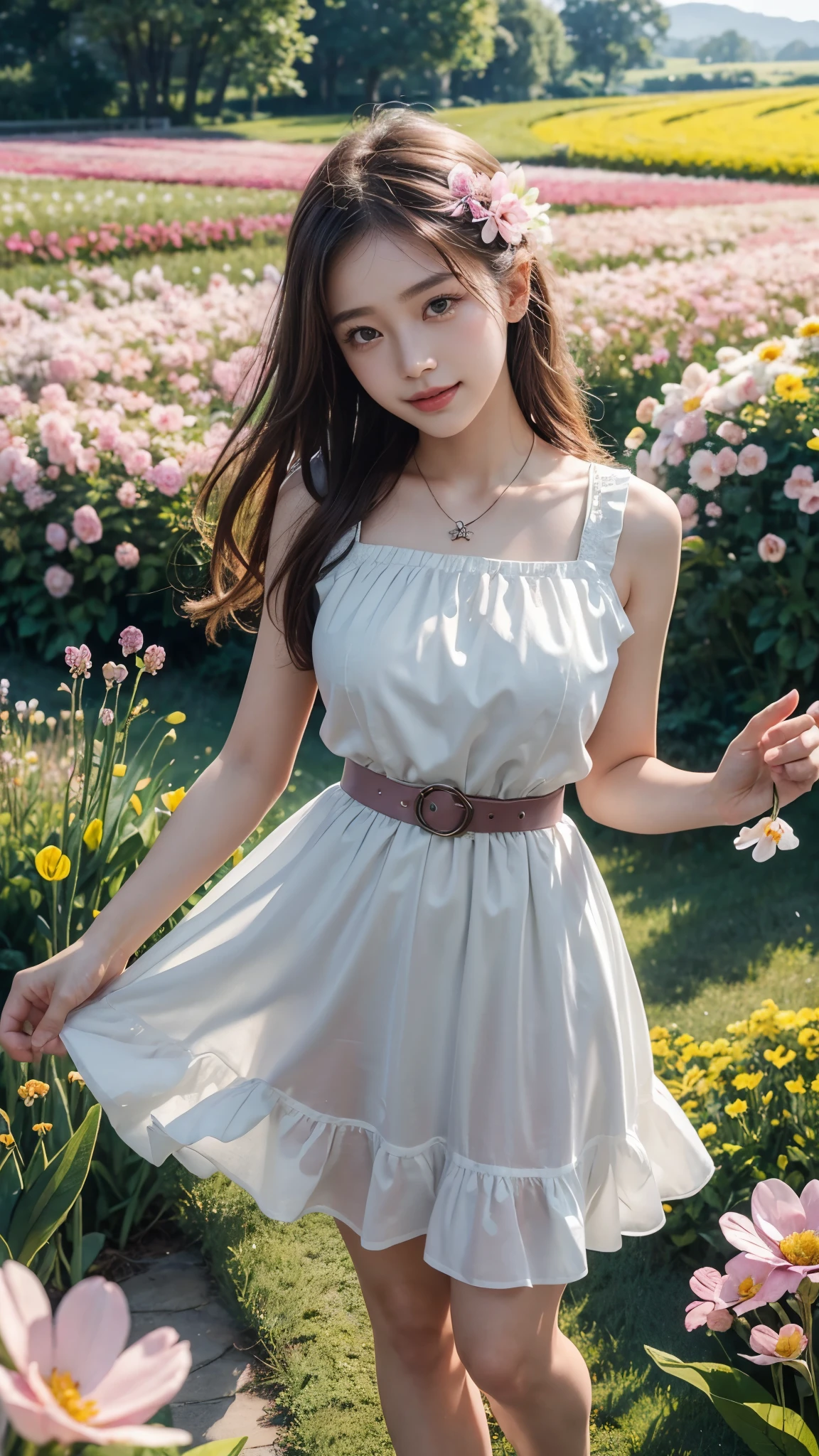 22 years Beautiful korean Girl, masterpiece, best quality, official art, extremely detailed CG unity 8k wallpaper, Ray Tracing, highly detailed, absurdres, Panorama, Depth of field, telephoto lens, angel, looking afar, looking to camera man, in spring, sunset, rainbow, (((flower field))), (((flower sea))), Tyndall effect, 100% Realistic, ((Realistic)), (paper figure),((impasto)),(shiny skin), (water color),bloom effect,detailed beautiful grassland with petal,flower,butterfly,necklace,smile,petal, ((Pink colour GRACE KARIN Boatneck Sleeveless Vintage Tea Dress with Belt)), Perfect body figure, Beautiful Smile, Cinematic photography, Sexy angles, Stylish poses, 4 Different poses, 64k , high resolution picture quality, very clear body figure, Flowers in hand, Butter fly flying on hand,