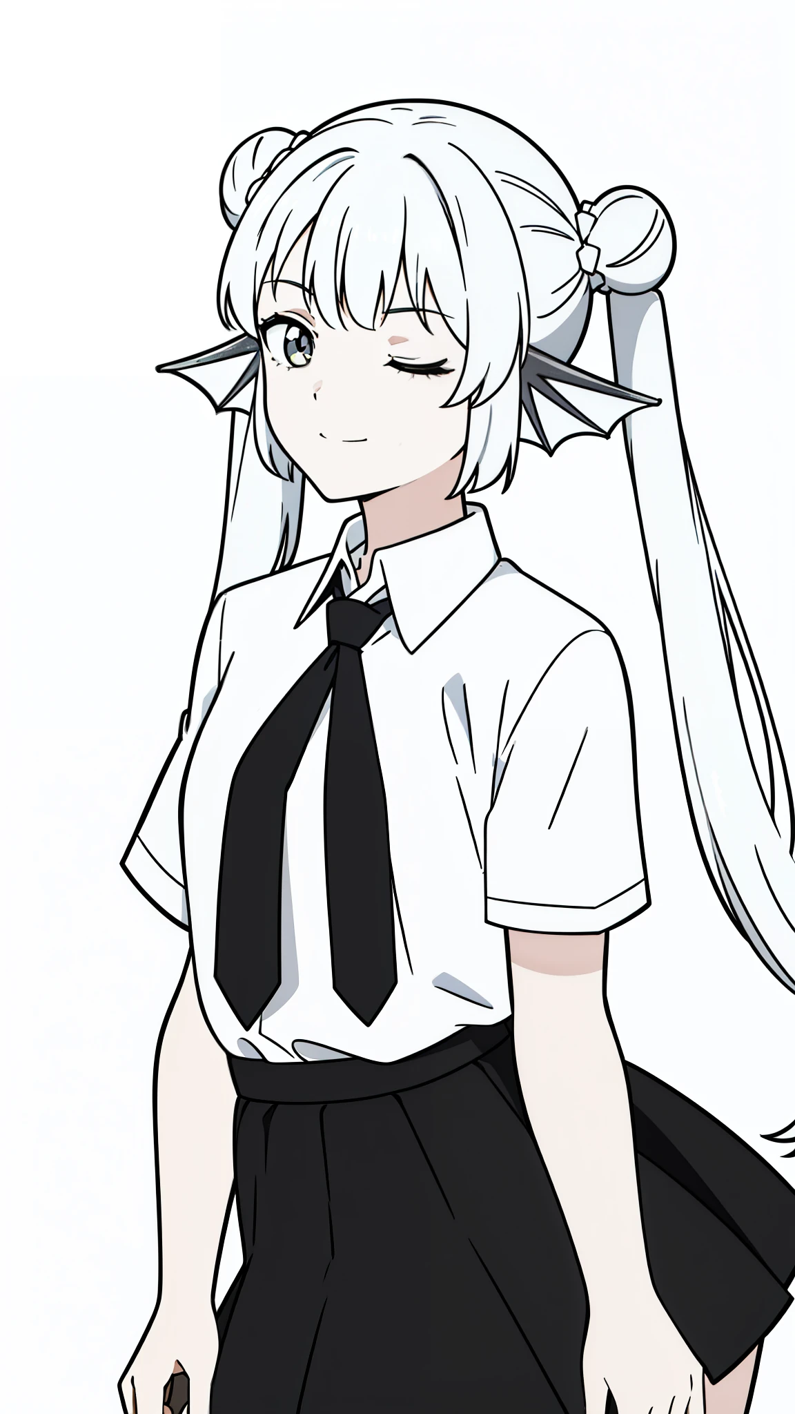 1girl,20 years old,solo,(white background,line drawing),long hair,white hair,finana,twintails,double bun,((white shirt,short sleeves,black standart tie,black skirt)),upper body,smile,one eye closed,shushing,leaning forward