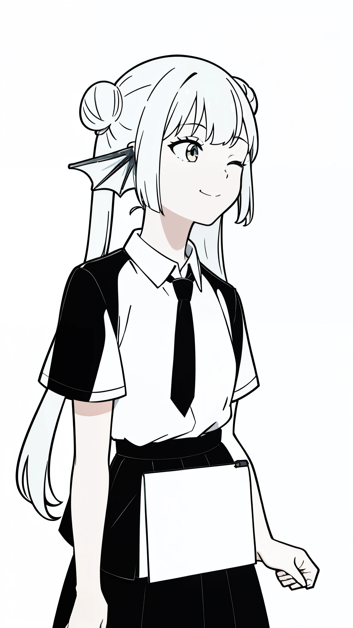 1girl,20 years old,solo,(white background,line drawing),long hair,white hair,finana,twintails,double bun,((white shirt,short sleeves,black standart tie,black skirt)),upper body,smile,one eye closed,shushing,leaning forward