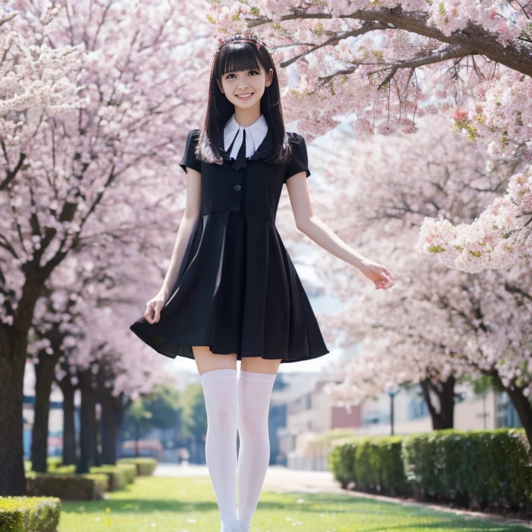 1girl,cool beauty,black hair long straight,bangs bangs,black eyes,Long black dress,white collar,white cuffs,black tights,Cherry tree in full bloom,Jump with a smile