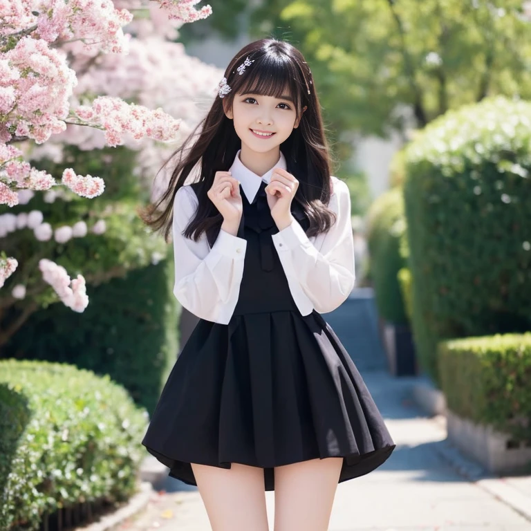 1girl,cool beauty,black hair long straight,bangs bangs,black eyes,Long black dress,white collar,white cuffs,black tights,Cherry tree in full bloom,Jump with a smile