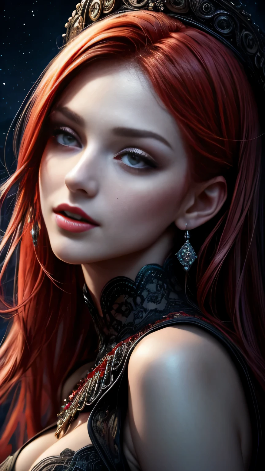 (masterpiece, best quality, 1girl, solo, intricate details, chromatic aberration), realistic, ((medium breath)),portrait shot, ((vivid red hair)), mature woman, 30 years old, diamond face, medium breast, moonlight, red starry sky background, depth of field, magic, big red lips, ((dark black eyes)) (Detailed beautiful eyes) red long and full dress, covered chest, mystical atmosphere, ominous shadows, Intense blue aura, Intense red aura (best quality:1.2), absurdres, intricate details, (highly detailed skin:1.2), smile expression, posing, taut and well defined body, attractive. Highly realistic, pale skin, beautiful, hyperrealism, skin very elaborated, direct gaze AB JLEE3, Complex facial details for all characters, Expressive eyes and nose and mouth, unzoom, author：Jim Lee Right Section Centered, Key, Visual, Complex, Highly Detailed, Breathtaking, Precise Line Art, Vibrant Panorama Film
