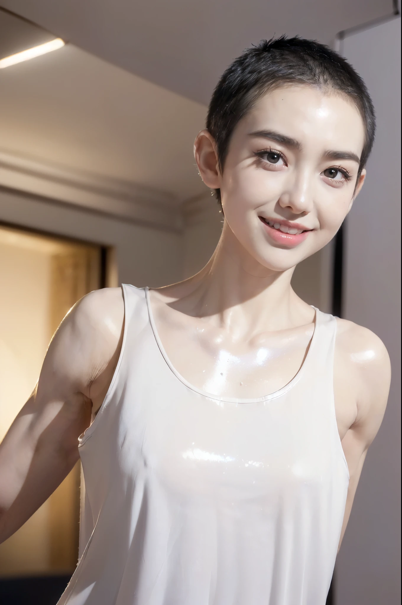 ((((8k))),((Extremely meticulous CG)) ,(wallpaper),16k,((Extremely refined and beautiful)),(((Masterpiece))),(((best qualtiy))),(((Ultra High Resolution))),beautiful light up,Perfect lightning,realistic shaded,((high resolution)),(Smooth and flawless skin:1.5),(pale skin:1.5),(Extremely exquisite facial details:1.2),(perfect body:1.1),(ultra-detailed),((A beautiful girl,solo)),(small head:1.2),(buzz cut:1.5),(small face:1.2),(baby face:1.3),(Exquisite makeup:1.2),(Strong muscles:1.5),(shiny skin:1.5),(small breasts:1.2),(flat chests:1.2),(happy:1.2),(laughing:1.2),(tank top:1.3),(slender legs:1.2),(shorts:1.2),(night scene:1.5),(indoor:1.2),(standing:1.3),(upper body:1.3),(from front:1.3),