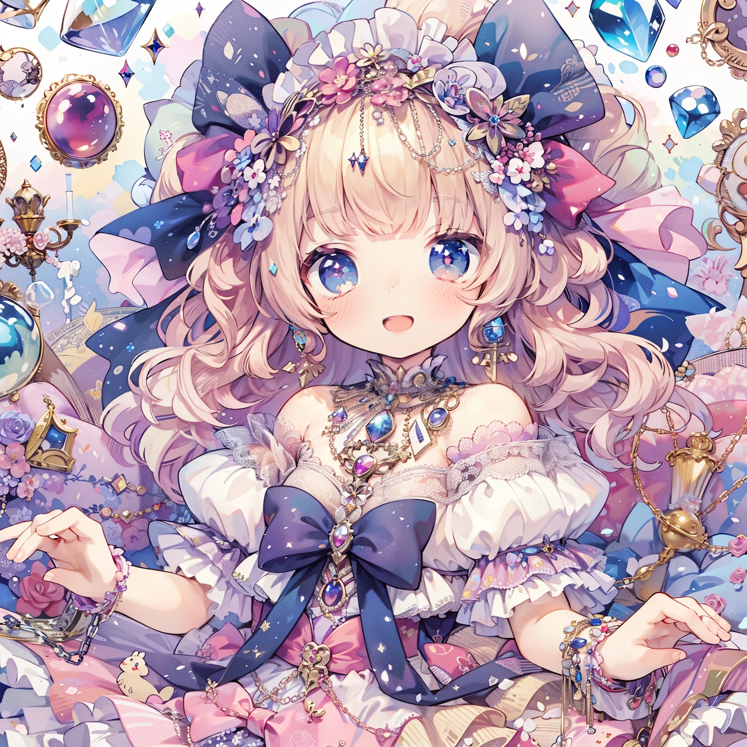 a close up of a girl with a chain around her neck, portrait of magical ta girl, portrait of magical girl, sparkling magical girl, detailed anime art, detailed digital anime art, detailed key anime art, detailed anime artwork, high detailed official artwork, cute detailed digital art, splash art anime , beautiful anime art, kawaii realistic portrait, pastel watercolor anime、A smiling young lady wearing a fairy-tale-like dress with fantasy designs, frills, jewels, and ribbons.、headdress、Gothic Lolitardust Diamond