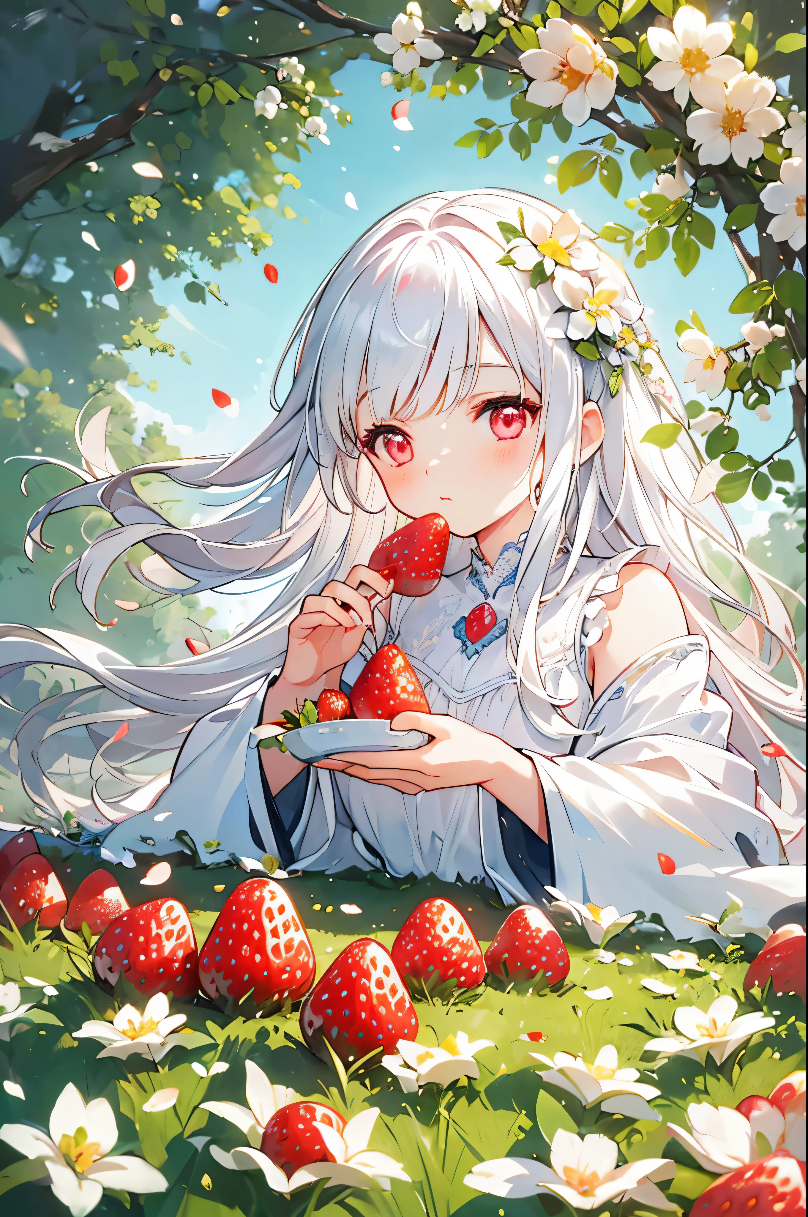 (best quality, high resolution, masterpiece:1.2), a vibrant, Detailed lips, delicate eyes, Realistic lighting, female love, Lively, meadow background, solitary figure, strawberries, white flower petals, pink eyes, long white hair, strawberry field, beautiful meadow, cute face, perfect face, strawberry, eating strawberry