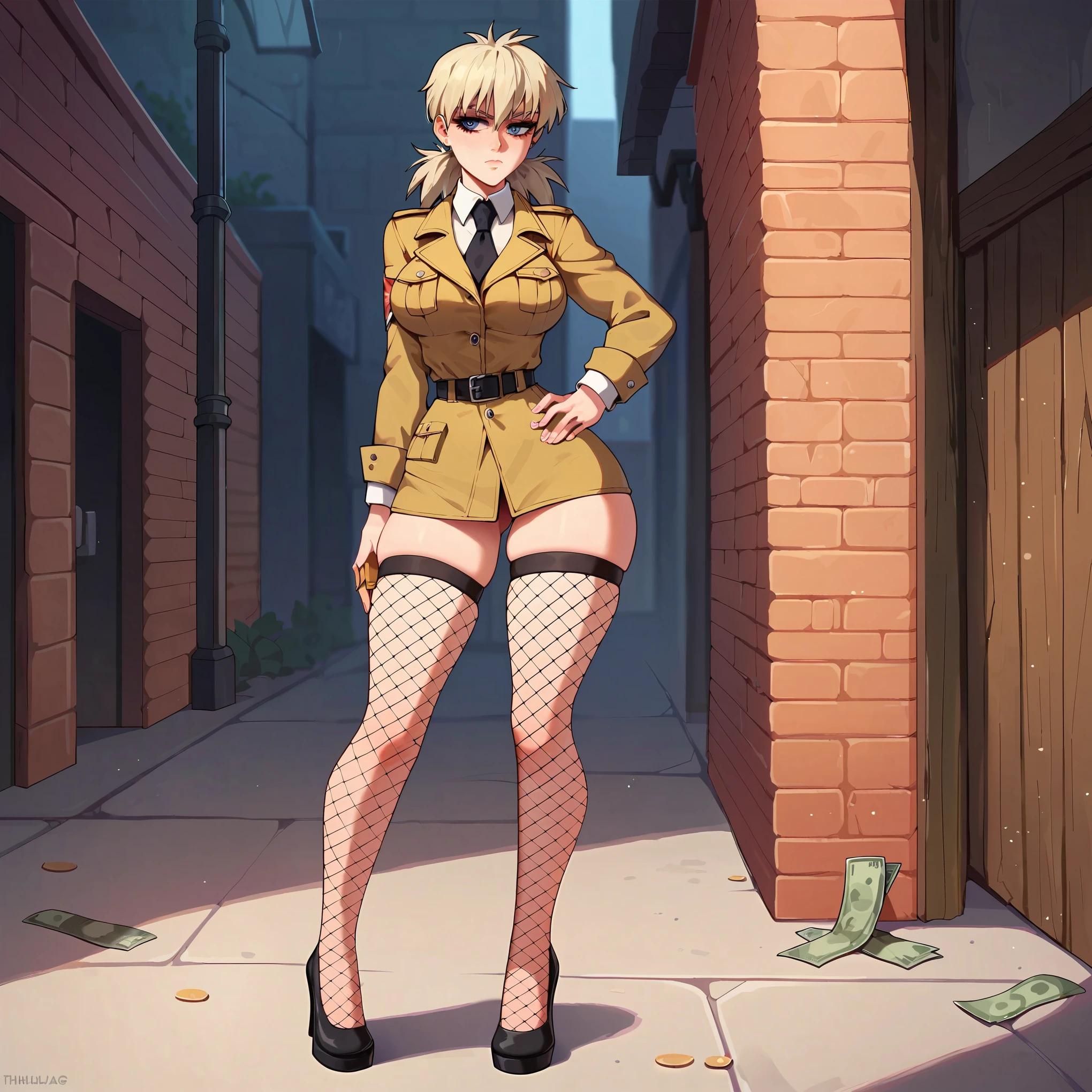 score_9, score_8_up, score_7_up, score_6_up, thighs, thigh focus, fishnet stocking, money in stocking, prostitution, prostitute, hellsing, seras, solo, tall, thigh only, thighs, thig focus, standing