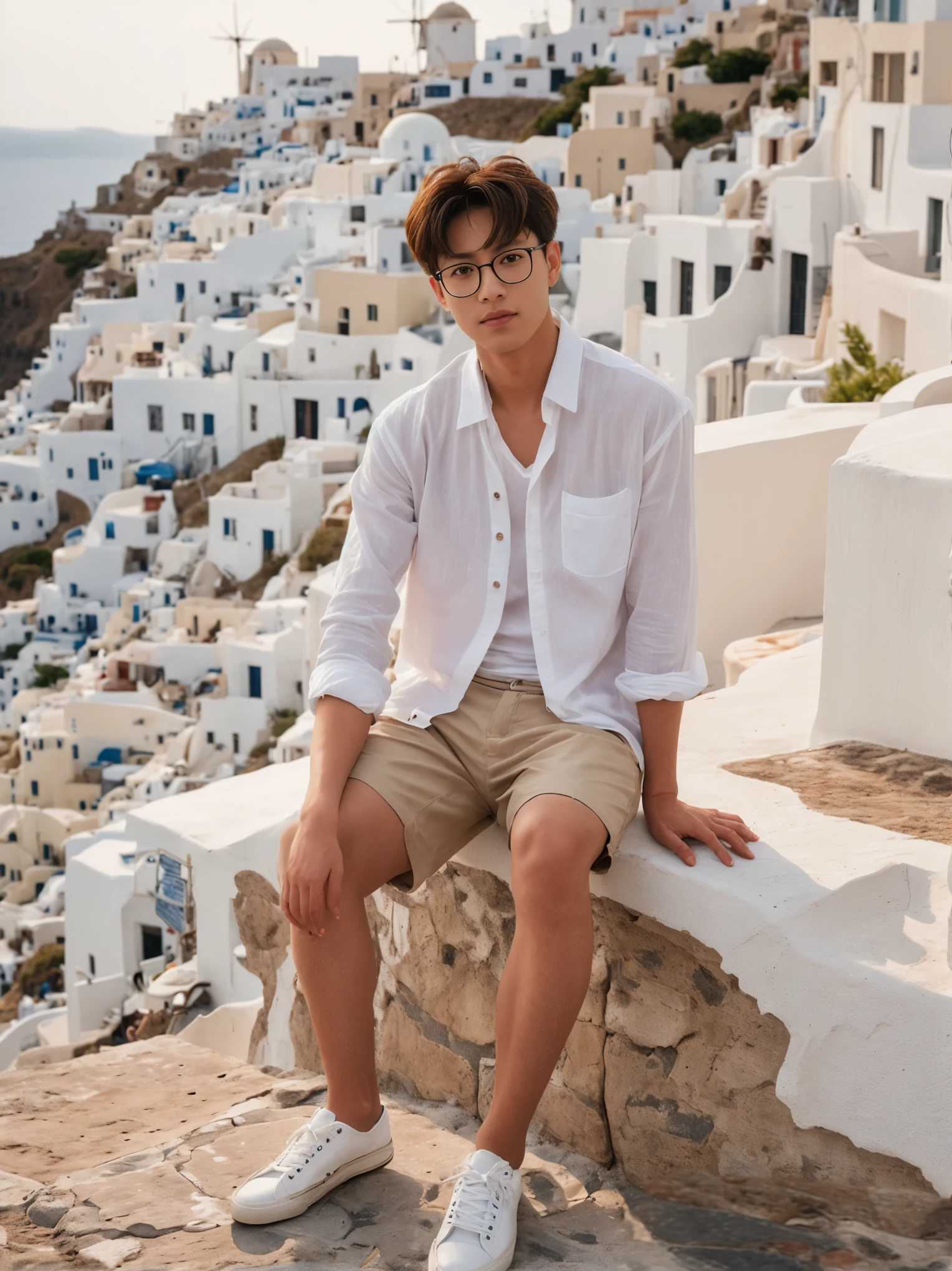 arafed man sitting on a ledge with a view of a town, wearing a linen shirt, young greek man, wearing white clothes, lean man with light tan skin, south korean male, wearing a white button up shirt, white wrinkled shirt, mid shot portrait, mixed art, portrait shot, vacation photo, asian male, handsome man, in santorini island