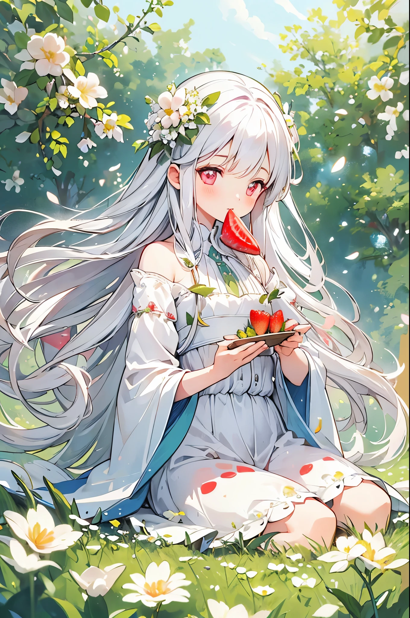 (best quality, high resolution, masterpiece:1.2), a vibrant, Detailed lips, delicate eyes, Realistic lighting, female love, Lively, meadow background, solitary figure, strawberries, white flower petals, pink eyes, long white hair, strawberry field, beautiful meadow, cute face, perfect face, strawberry, eating small strawberry
