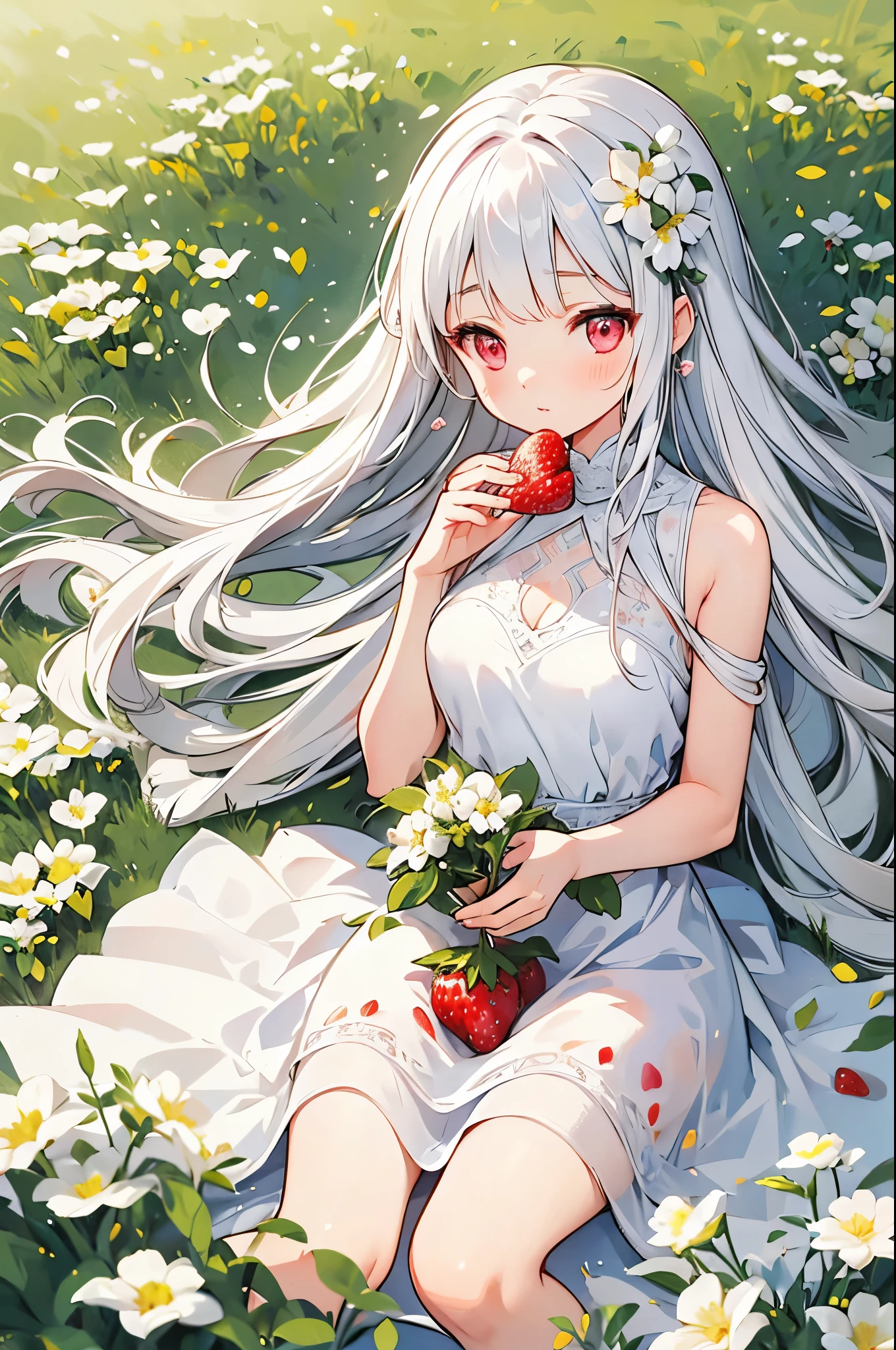 (best quality, high resolution, masterpiece:1.2), a vibrant, Detailed lips, delicate eyes, Realistic lighting, female love, Lively, meadow background, solitary figure, strawberries, white flower petals, pink eyes, long white hair, strawberry field, beautiful meadow, cute face, perfect face, strawberry, eating small strawberry, sexy body, woman, large breasts, small dress, sexy dress, white dress, innocent woman