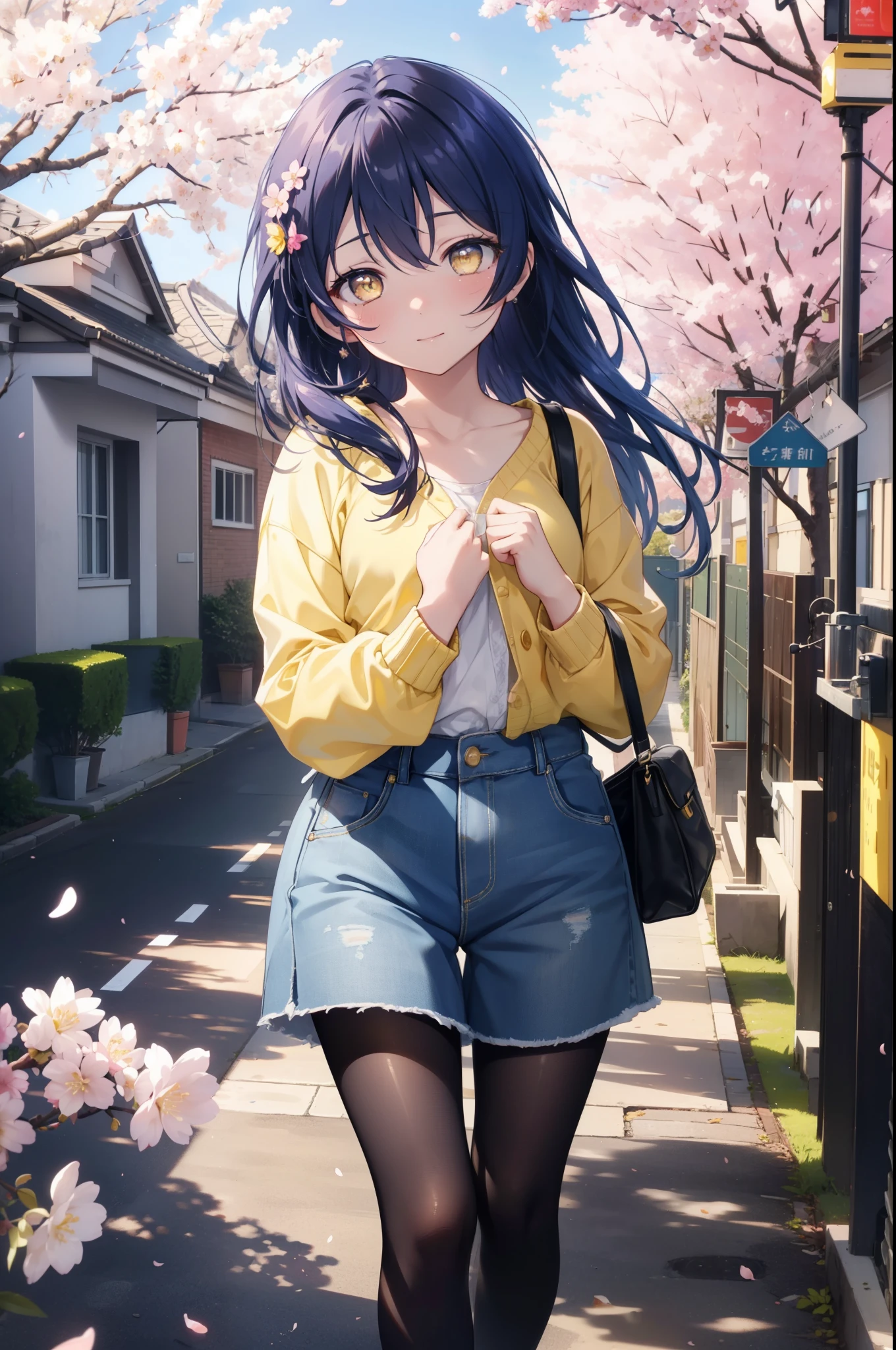 you are so kind, umi sonoda, long hair, blue hair, (yellow eyes:1.5) (flat chest:1.2),
smile,blush, Blue oversized sweater,short denim pants,black pantyhose,Mini Boots,walk,Cherry blossom tree-lined path,The cherry blossoms have bloomed,Cherry blossoms are scattered,morning,morning日,the sun is rising, 　　　　　　　　　　break looking at viewer,　　　　　　　　　　　 break outdoors, residential street, 
break (masterpiece:1.2), highest quality, High resolution, unity 8k wallpaper, (figure:0.8), (detailed and beautiful eyes:1.6), highly detailed face, perfect lighting, Very detailed CG, (perfect hands, perfect anatomy),