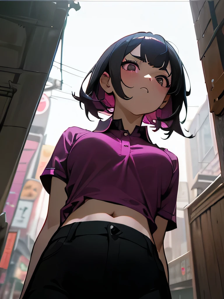 40&#39; No bra, lower body, Japanese, very short, pubic hair, beautiful breasts, embarrassing, Shyness, worries,  Black hair, magenta polo shirt, short sleeves, arms (a large crowd gathers)、(Looking up from below black pants on the streets of Tokyo