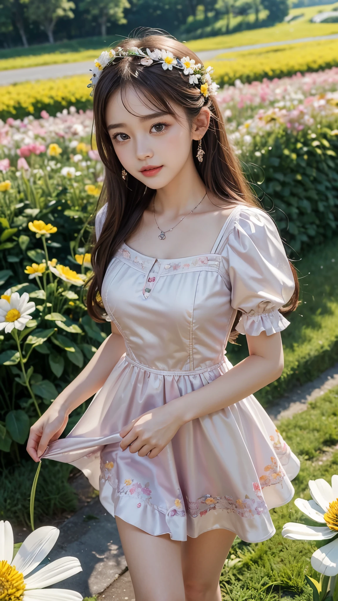 22 years Beautiful korean Girl, masterpiece, best quality, official art, extremely detailed CG unity 8k wallpaper, Ray Tracing, highly detailed, absurdres, Panorama, Depth of field, telephoto lens, angel, looking afar, looking to camera man, in spring, sunset, rainbow, (((flower field))), (((flower sea))), Tyndall effect, 100% Realistic, ((Realistic)), (paper figure),((impasto)),(shiny skin), (water color),bloom effect,detailed beautiful grassland with petal,flower,butterfly,necklace,smile,petal, ((Summer One Piece Dress Korean Kawaii Lolita Dress)), ((Elegant Y2k Mini Dress Party Puff Sleeve Fairy Chic - Pink)), Perfect body figure, Beautiful Smile, Cinematic photography, Sexy angles, Stylish poses, 4 Different poses, 64k , high resolution picture quality, very clear body figure, Flowers in hand, Flowers on Hair,