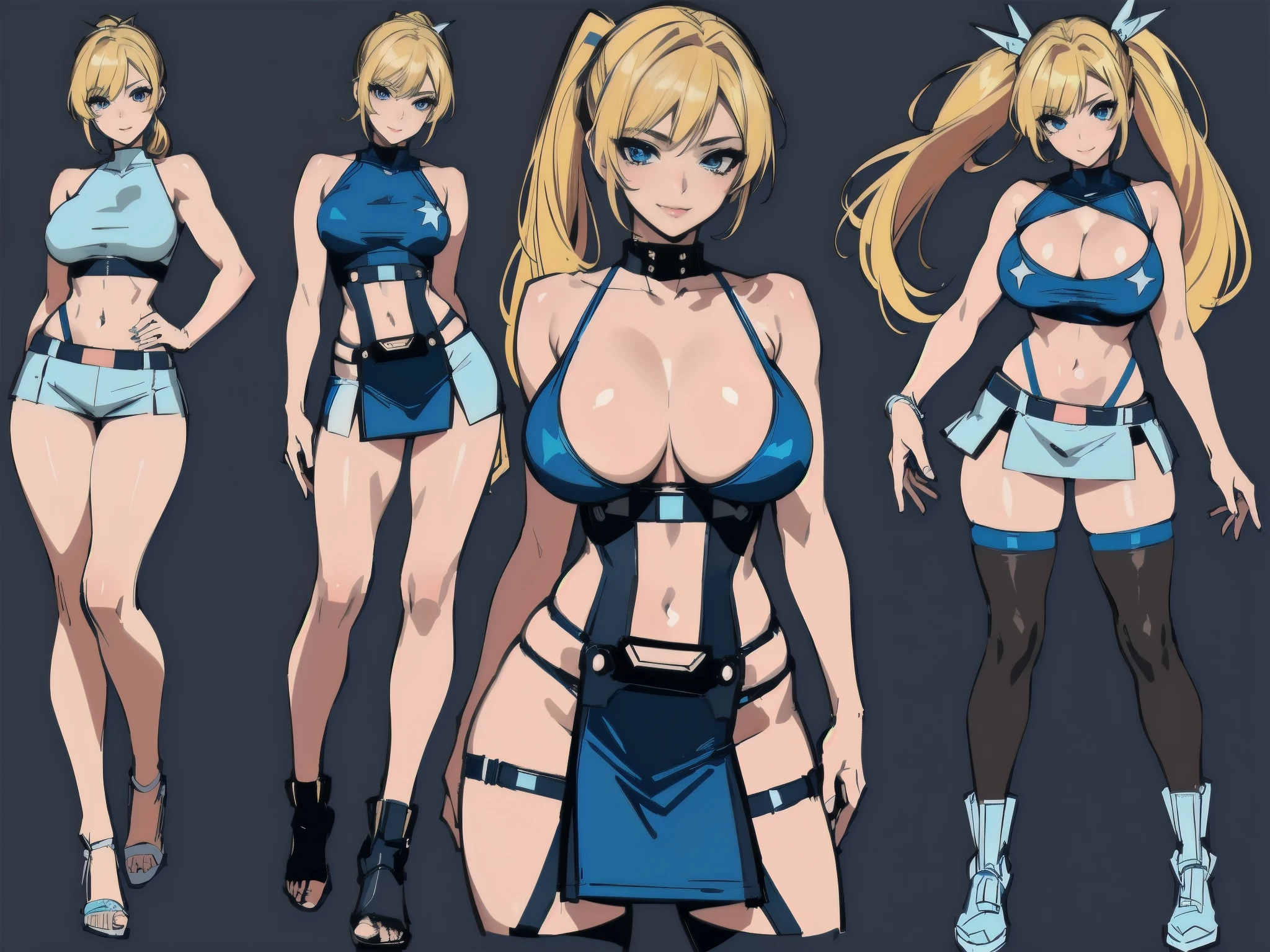 (masterpiece, top quality), (detailed face, character sheets, standing full body, full of details, multiple poses and expressions, highly detailed, depth, many parts) ((huge breasts)) 1 beautiful girl, blonde hair tied in 2 blunt pigtails, blue eyes, pink lips, tank top with cyberpunk style straps, showing the navel, very short cyberpunk miniskirt, long striped stockings, flirtatious smile, flirtatious posture