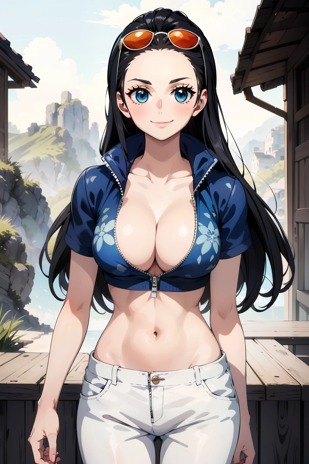 masterpiece、highest quality、high resolution、Nico Robin、long hair、black hair、slicked back hair、sunglasses on head、blue eyes、clavicle、cleavage、blue jacket、cropped jacket、crtopop Partially unzipped zipper、short sleeve、abdomen、salon、(salon:1.3), patterned salo、Are standing、cowboy shot、outdoor、smile、