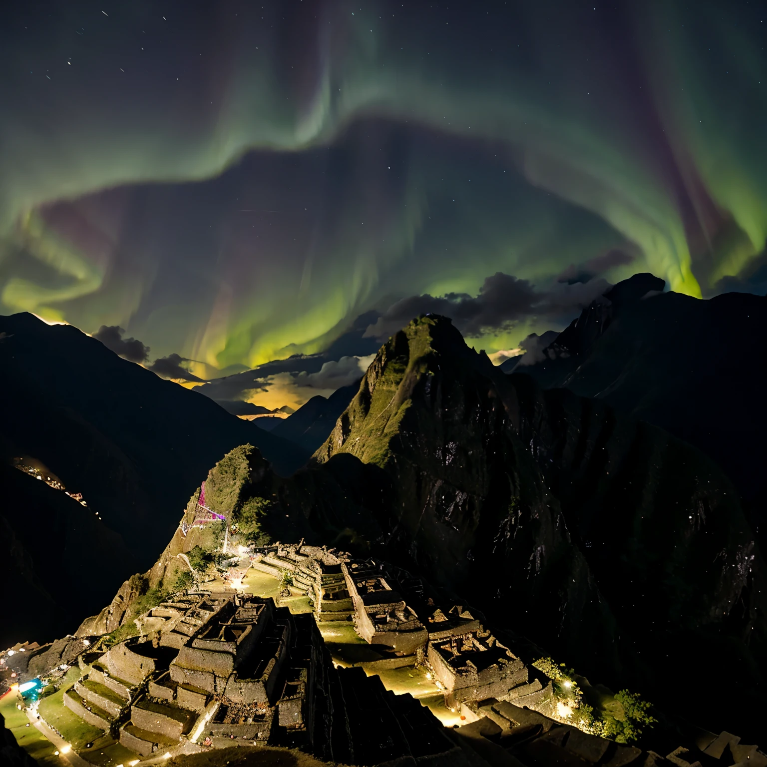 Aurora boreal sobre Machu Picchu