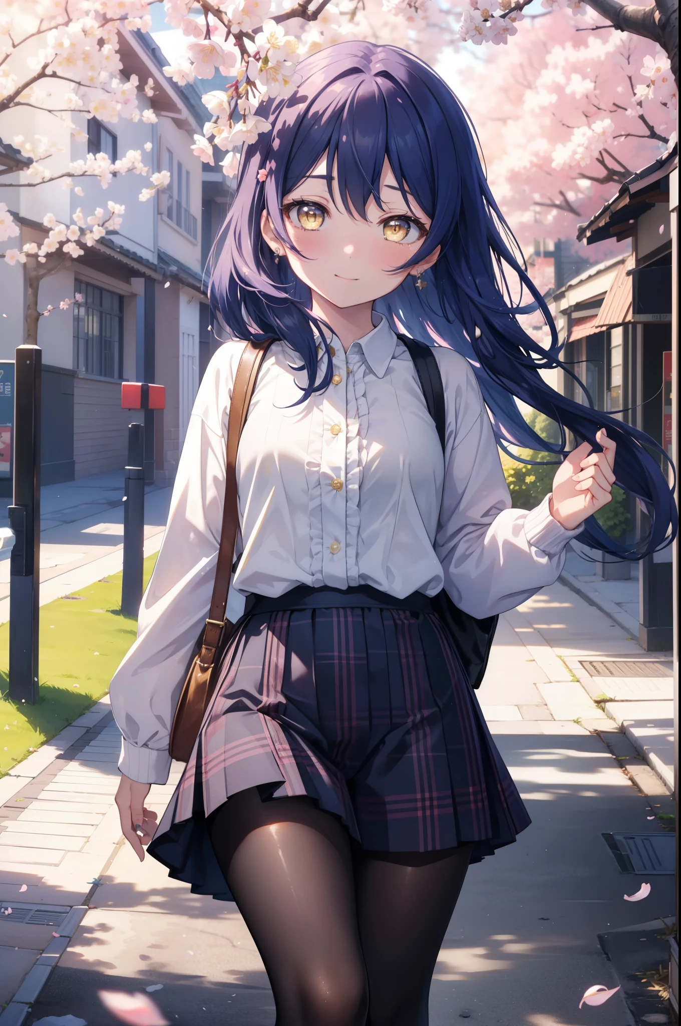 you are so kind, umi sonoda, long hair, blue hair, (yellow eyes:1.5) (flat chest:1.2),
smile,blush, Blue oversized sweater,shorts,black pantyhose,Mini Boots,walk,Cherry blossom tree-lined path,The cherry blossoms have bloomed,Cherry blossoms are scattered,morning,morning日,the sun is rising, 　　　　　　　　　　break looking at viewer,　　　　　　　　　　　 break outdoors, residential street, 
break (masterpiece:1.2), highest quality, High resolution, unity 8k wallpaper, (figure:0.8), (detailed and beautiful eyes:1.6), highly detailed face, perfect lighting, Very detailed CG, (perfect hands, perfect anatomy),